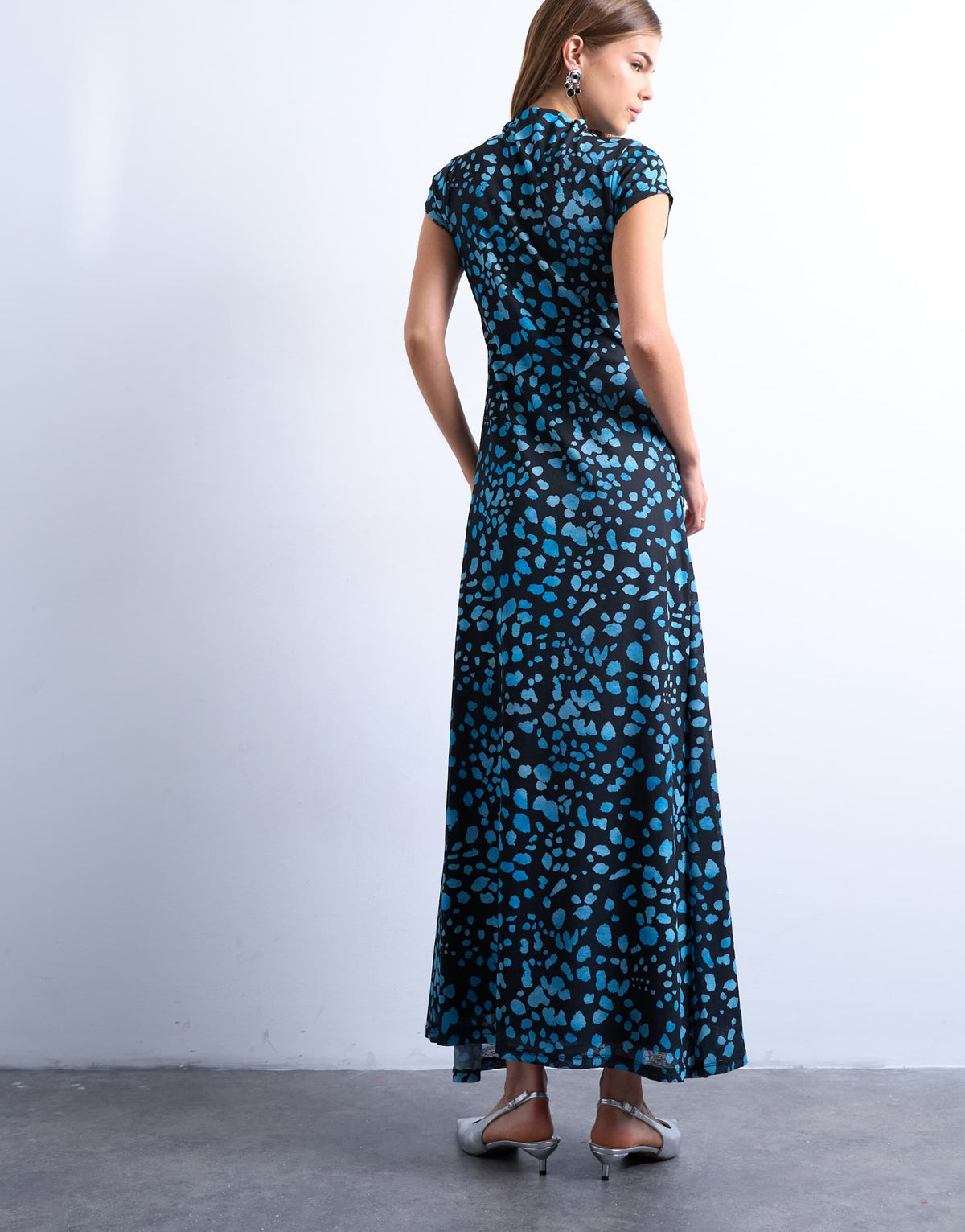 Topshop animal print cap sleeve ruched maxi dress in blue