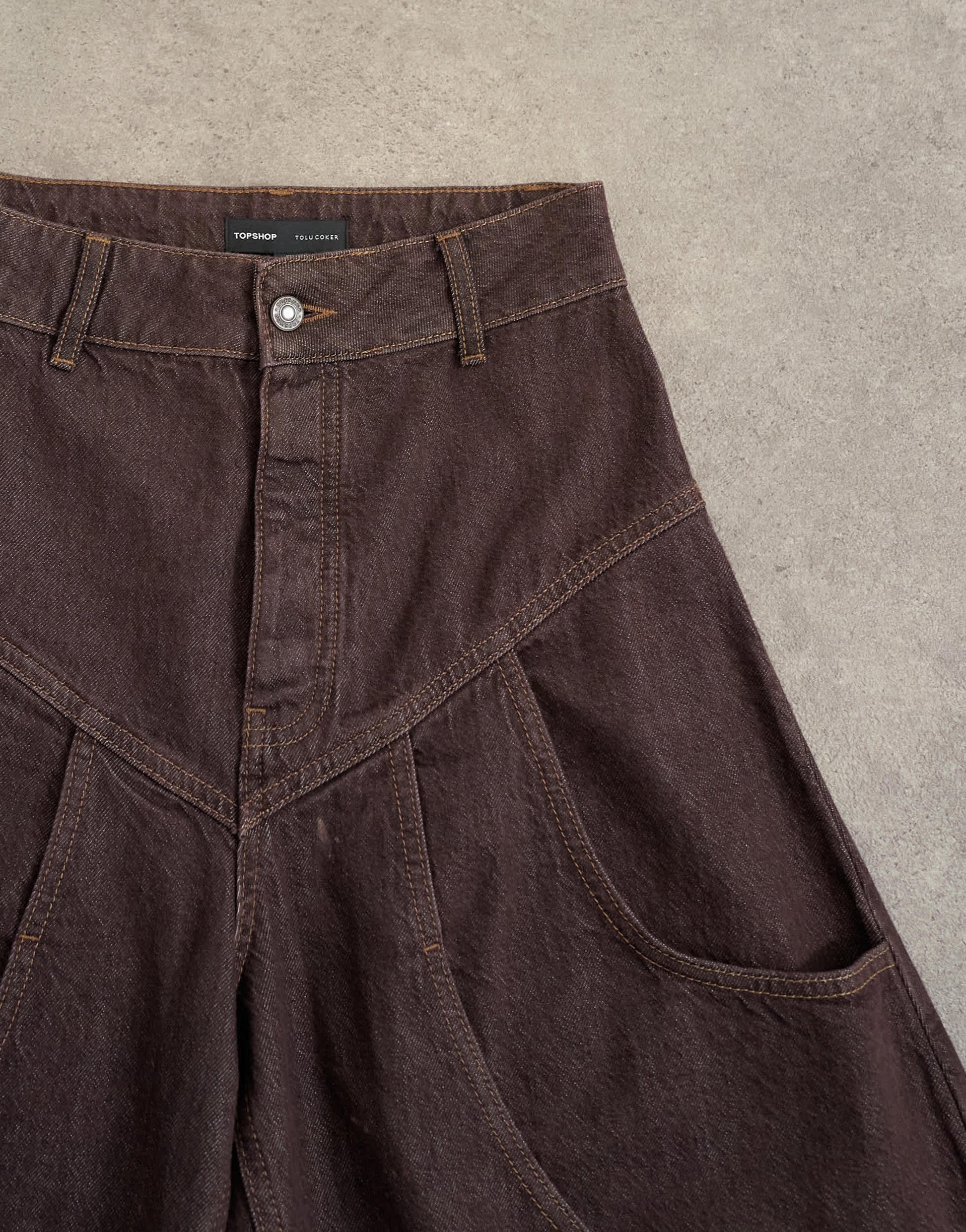 Tolu Coker x Topshop barrel high rise jean circular design in brown rinse