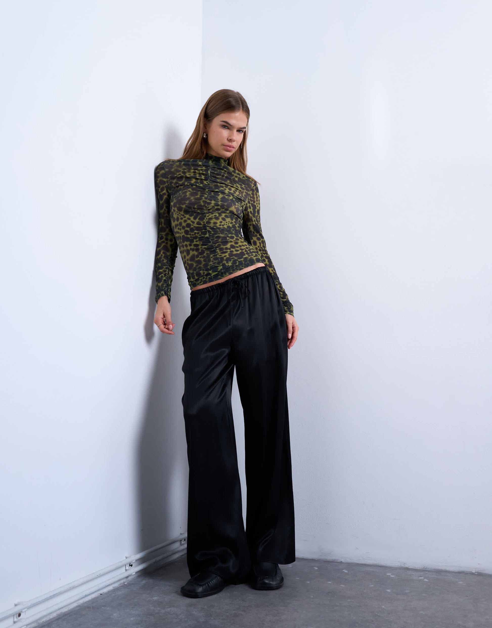 Topshop animal spot print ruched long sleeve top in black