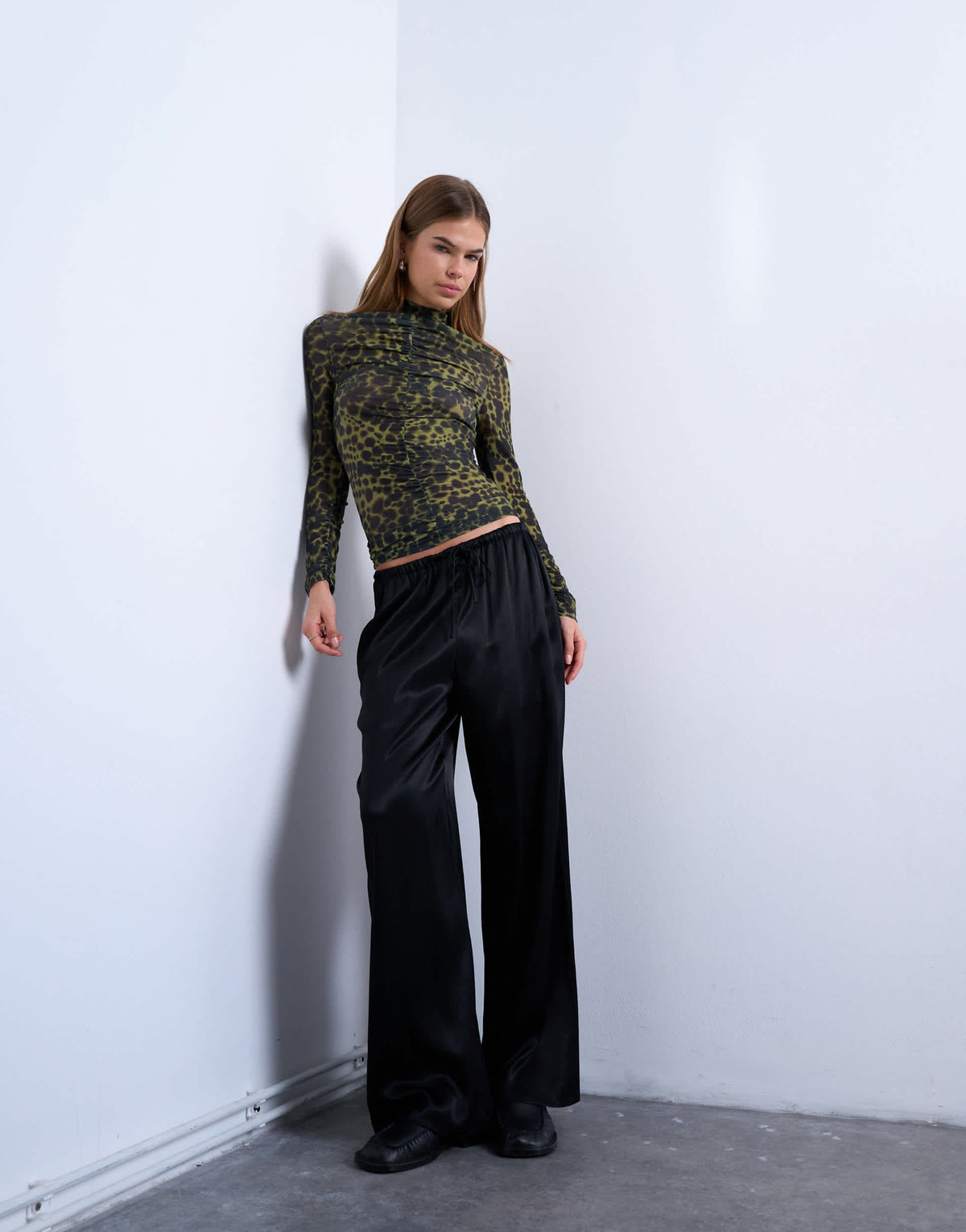 Topshop animal spot print ruched long sleeve top in black