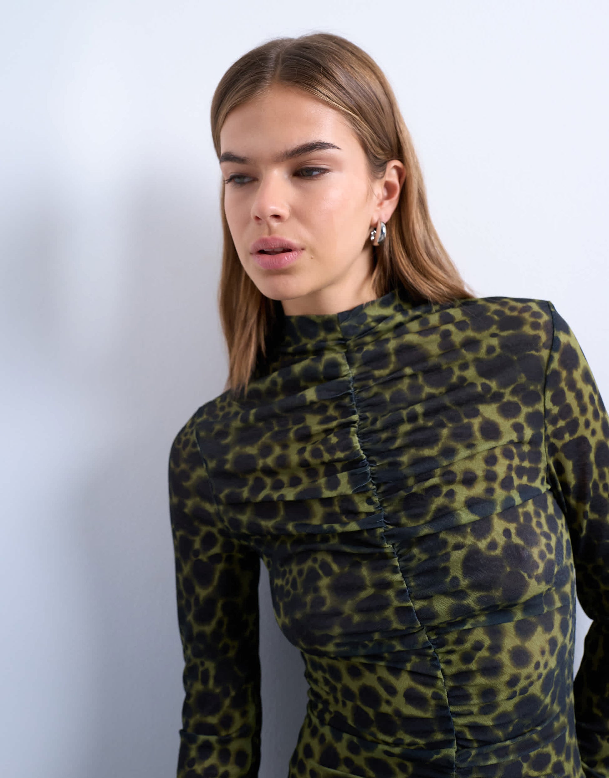Topshop animal spot print ruched long sleeve top in black