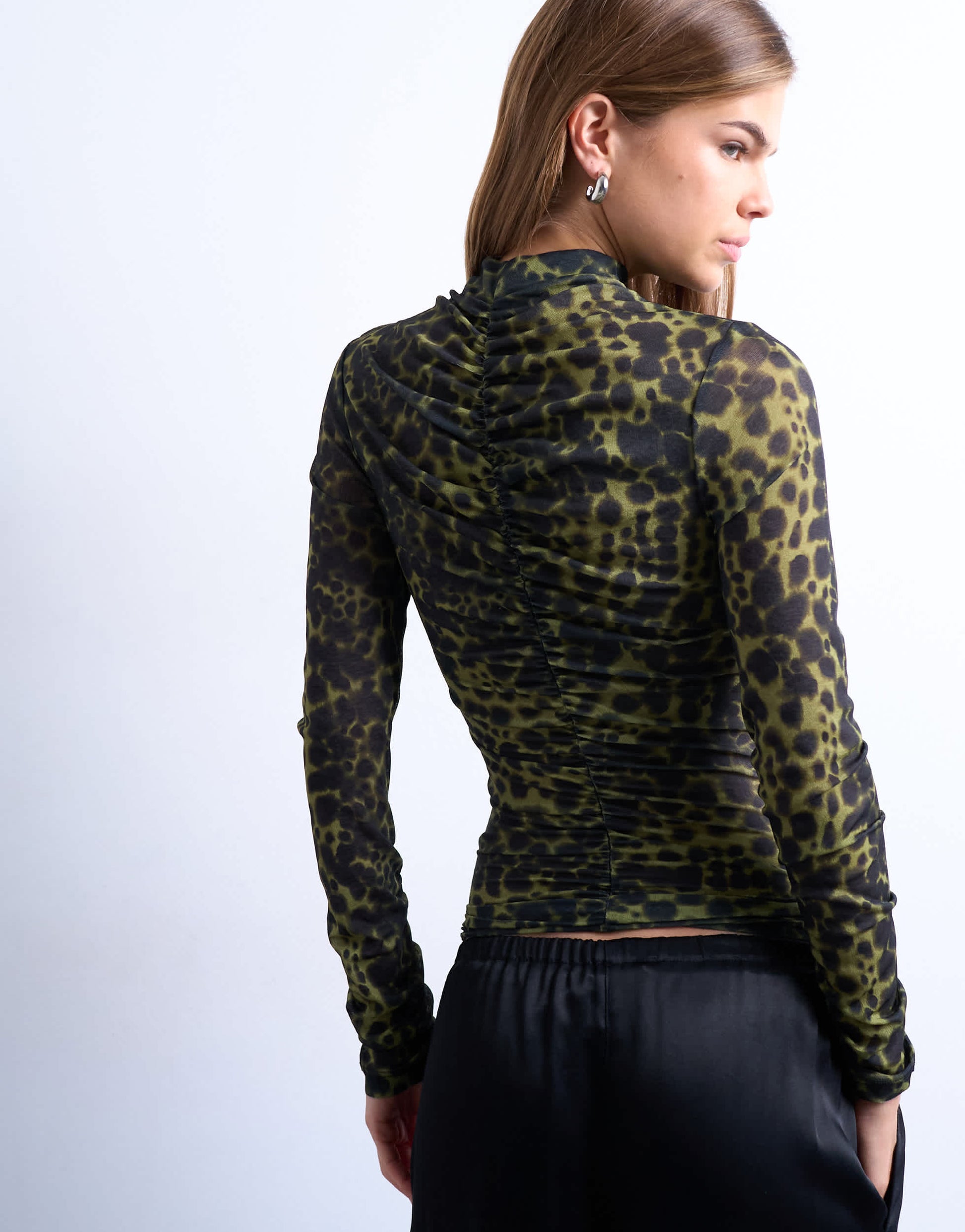 Topshop animal spot print ruched long sleeve top in black