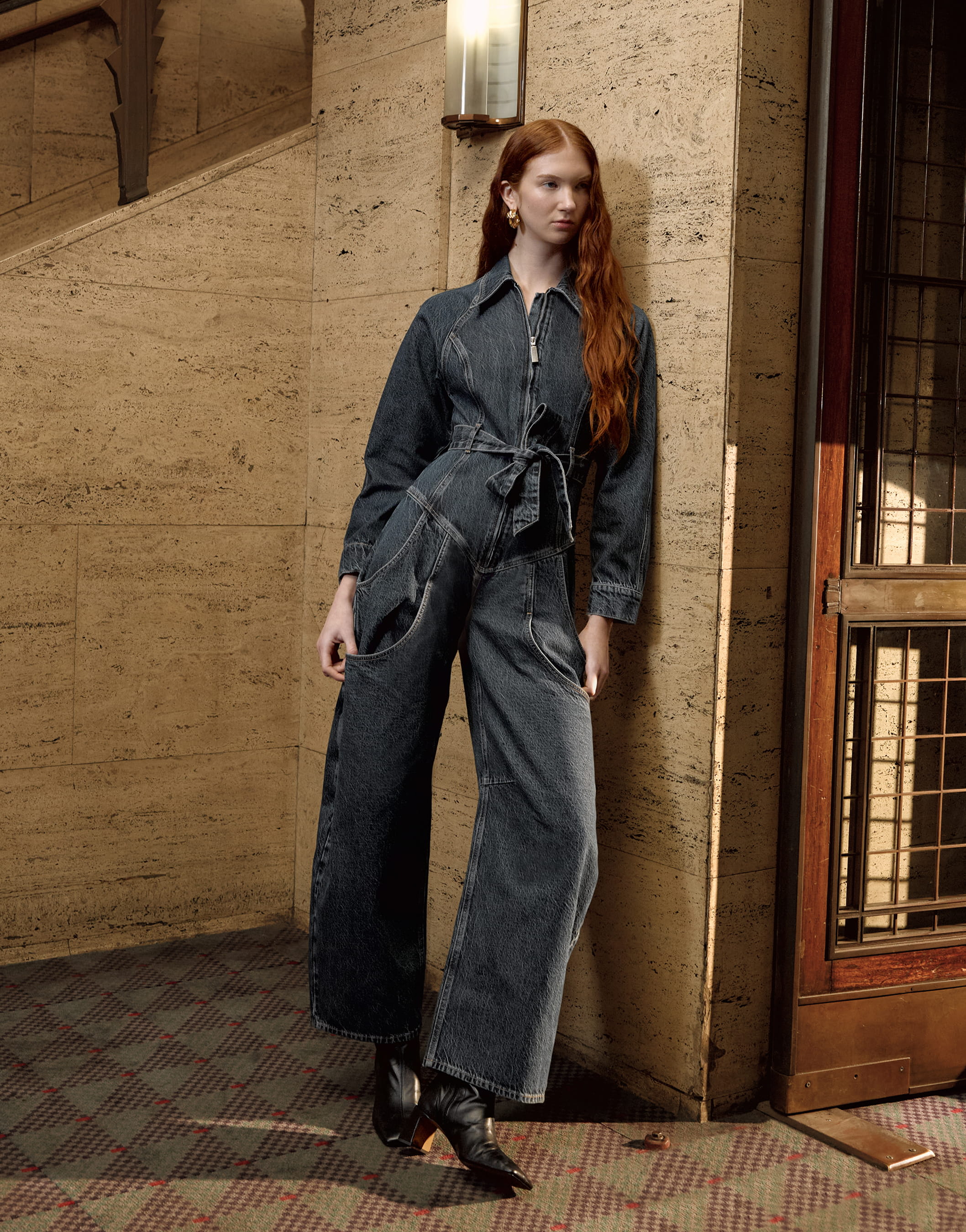 Tolu Coker x Topshop denim barrel leg jumpsuit circular design in deep blue