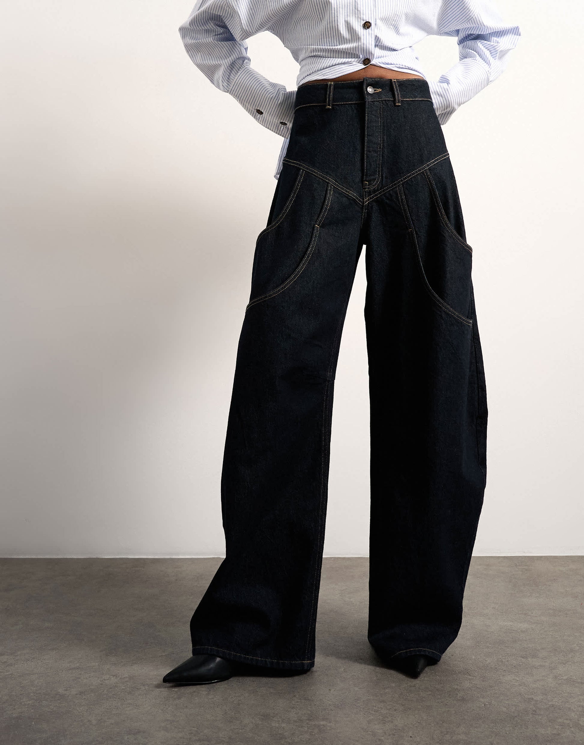 Tolu Coker x Topshop barrel high rise jean circular design in indigo rinse