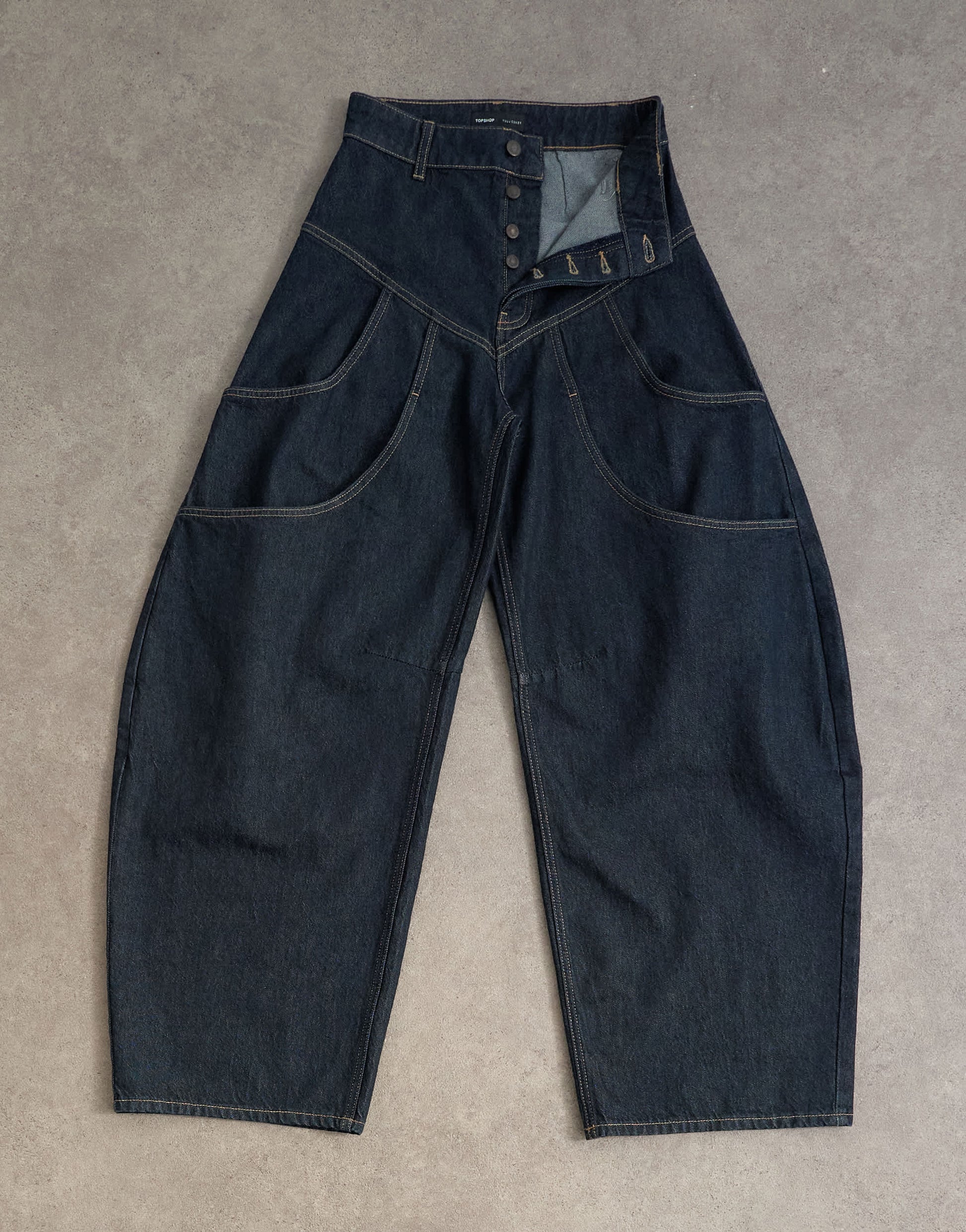 Tolu Coker x Topshop barrel high rise jean circular design in indigo rinse