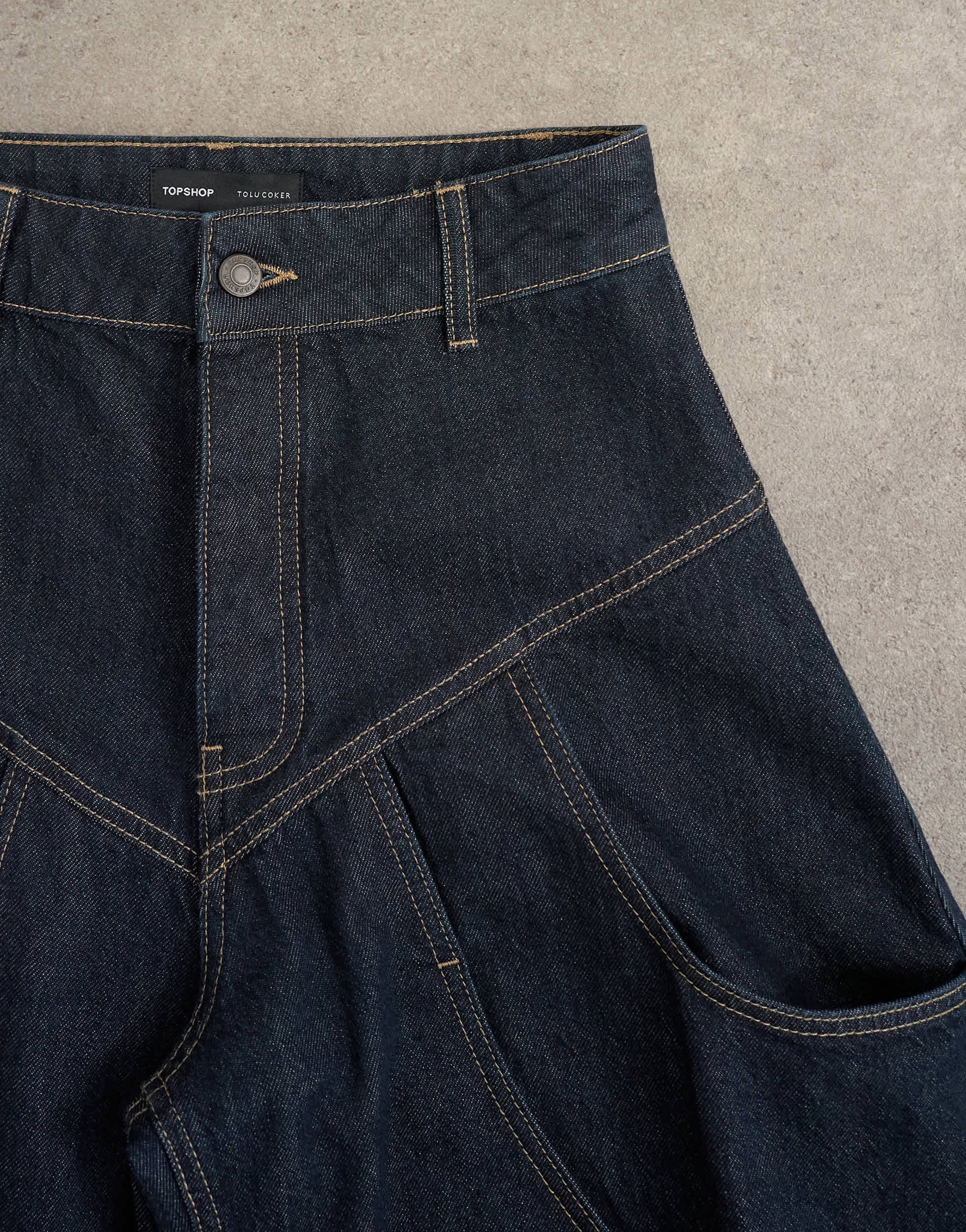 Tolu Coker x Topshop barrel high rise jean circular design in indigo rinse