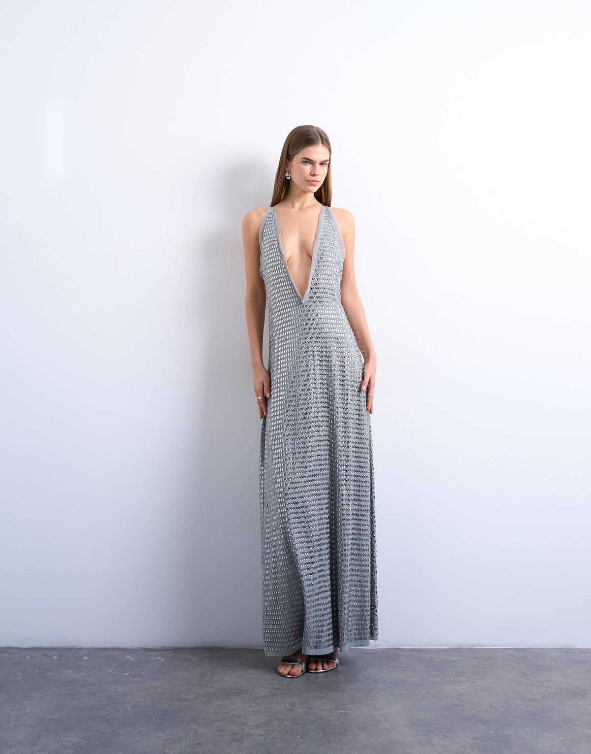 Topshop premium embellished low cut maxi dress with open back in silver