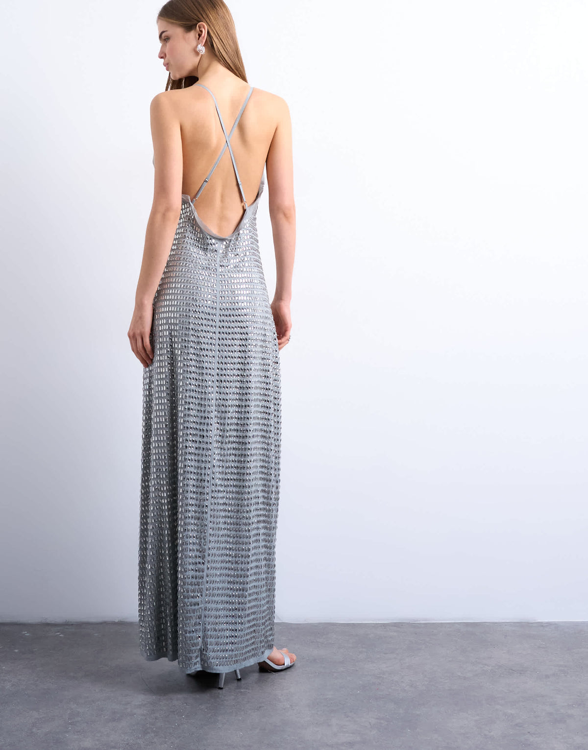 Topshop premium embellished low cut maxi dress with open back in silver