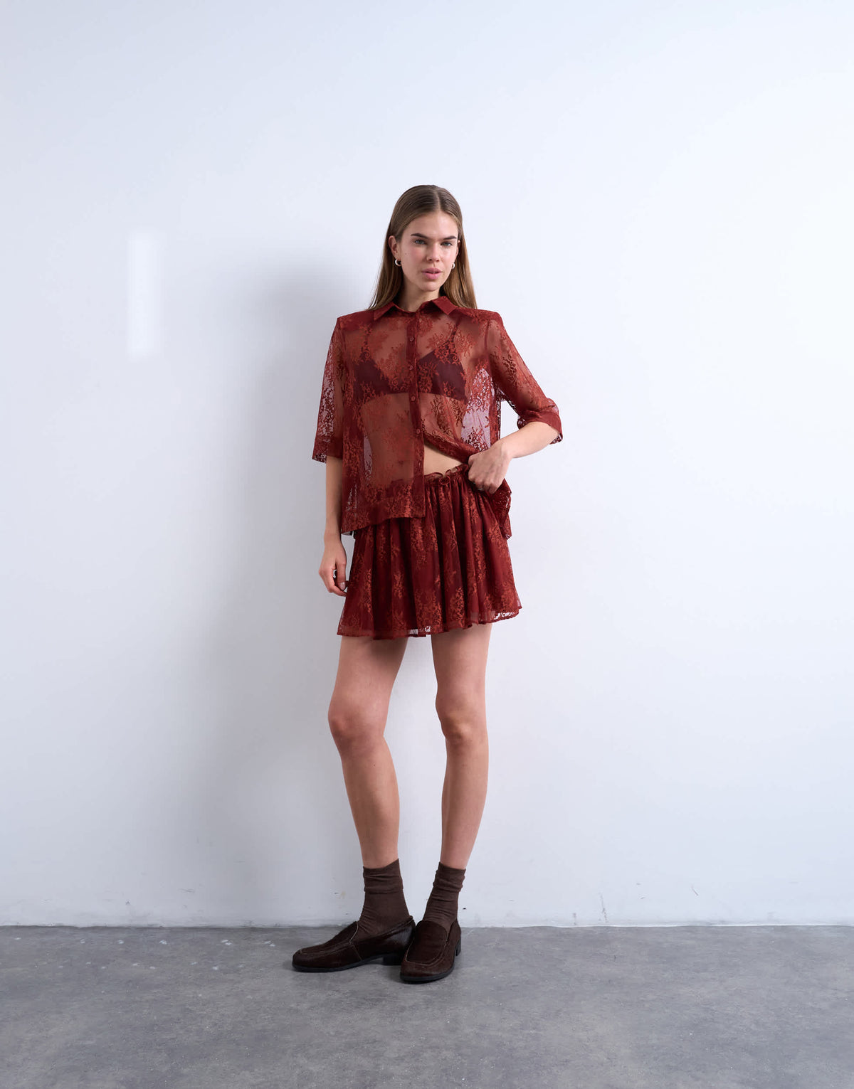 Topshop lace co-ord elasticated waist skirt in rust