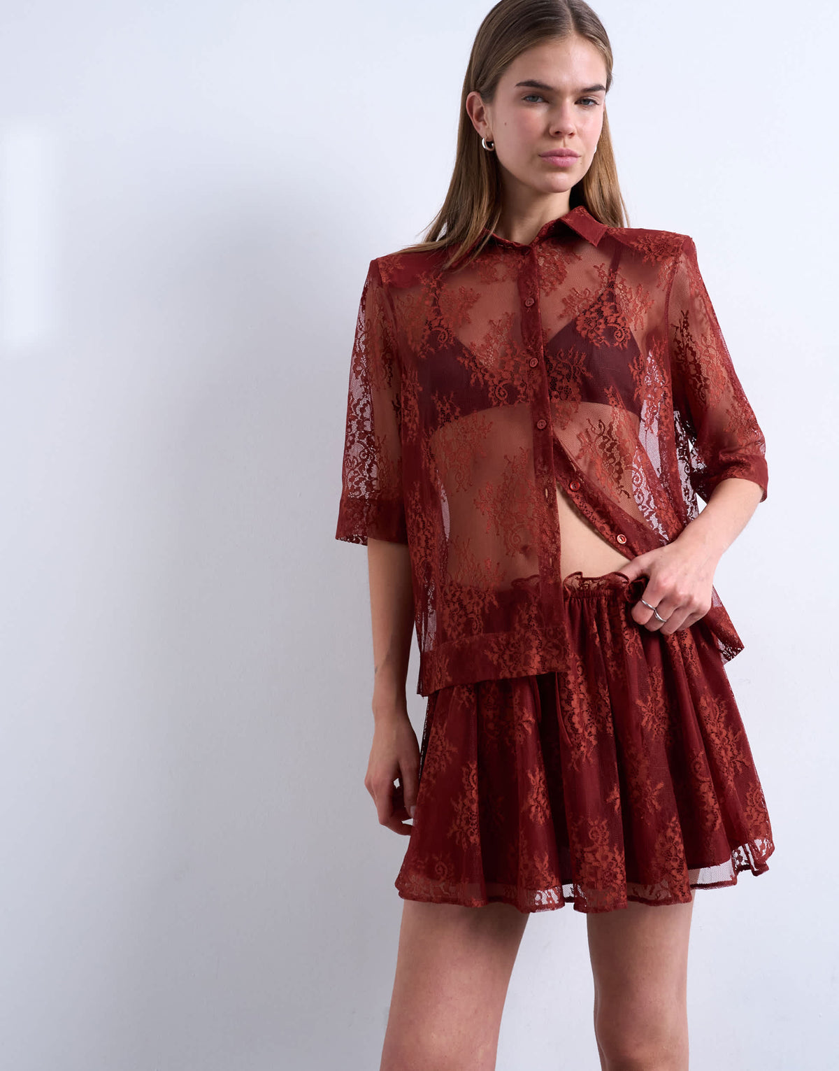 Topshop lace co-ord elasticated waist skirt in rust