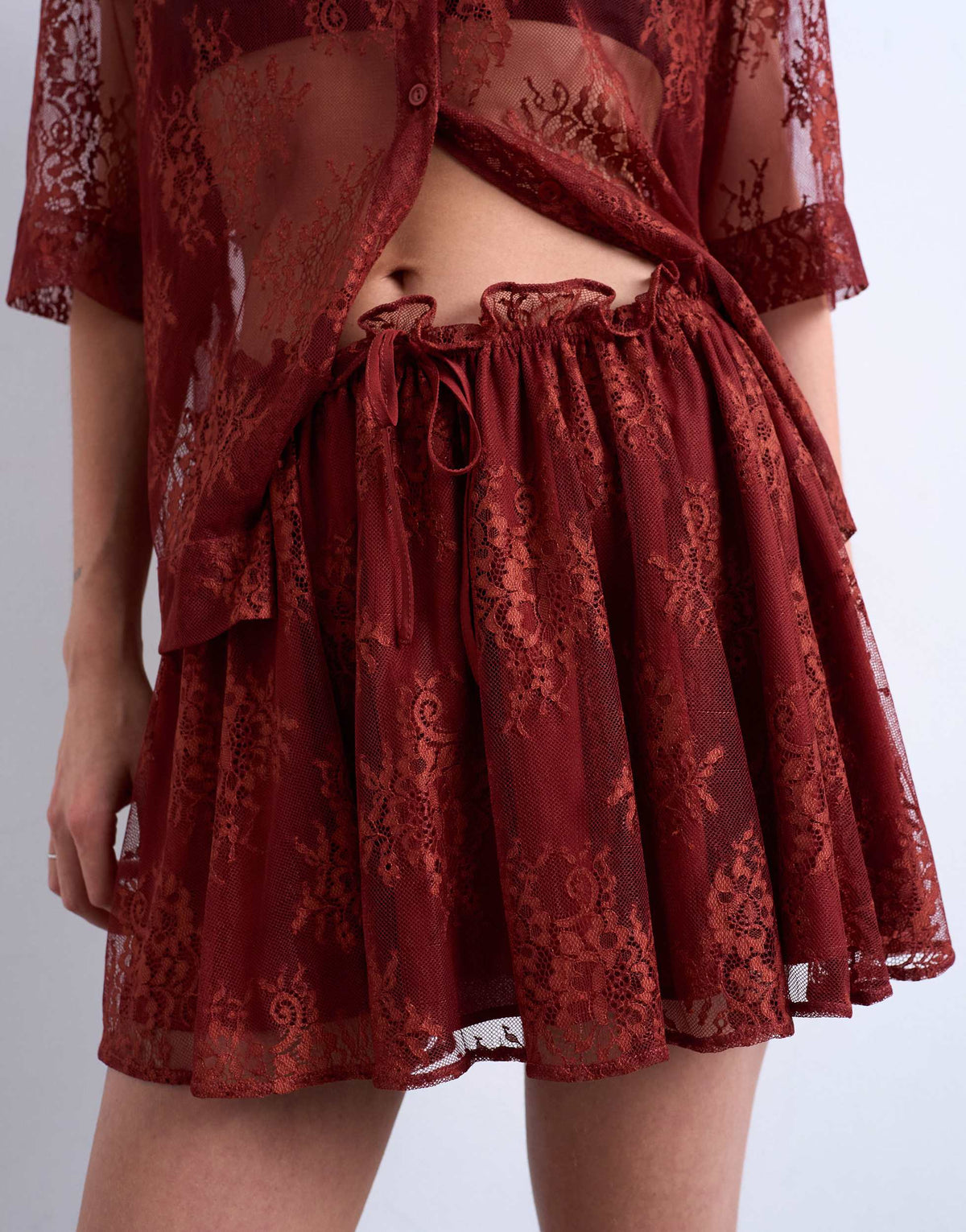 Topshop lace co-ord elasticated waist skirt in rust