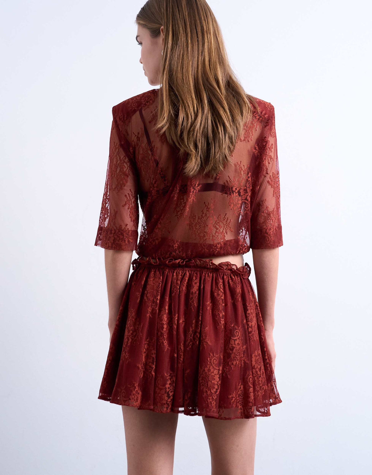 Topshop lace co-ord elasticated waist skirt in rust