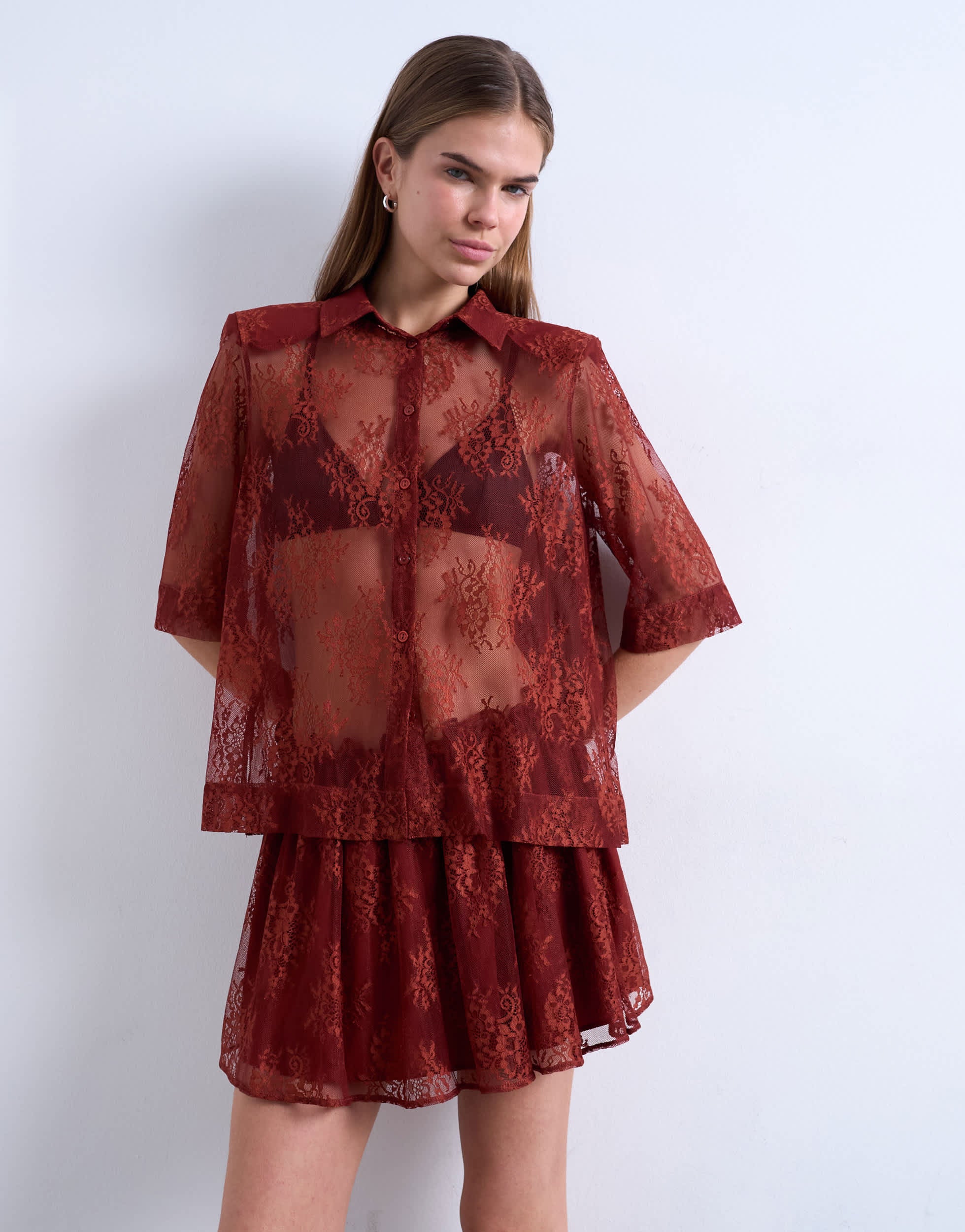 Topshop transparente Spitzenbluse in Rostrot
