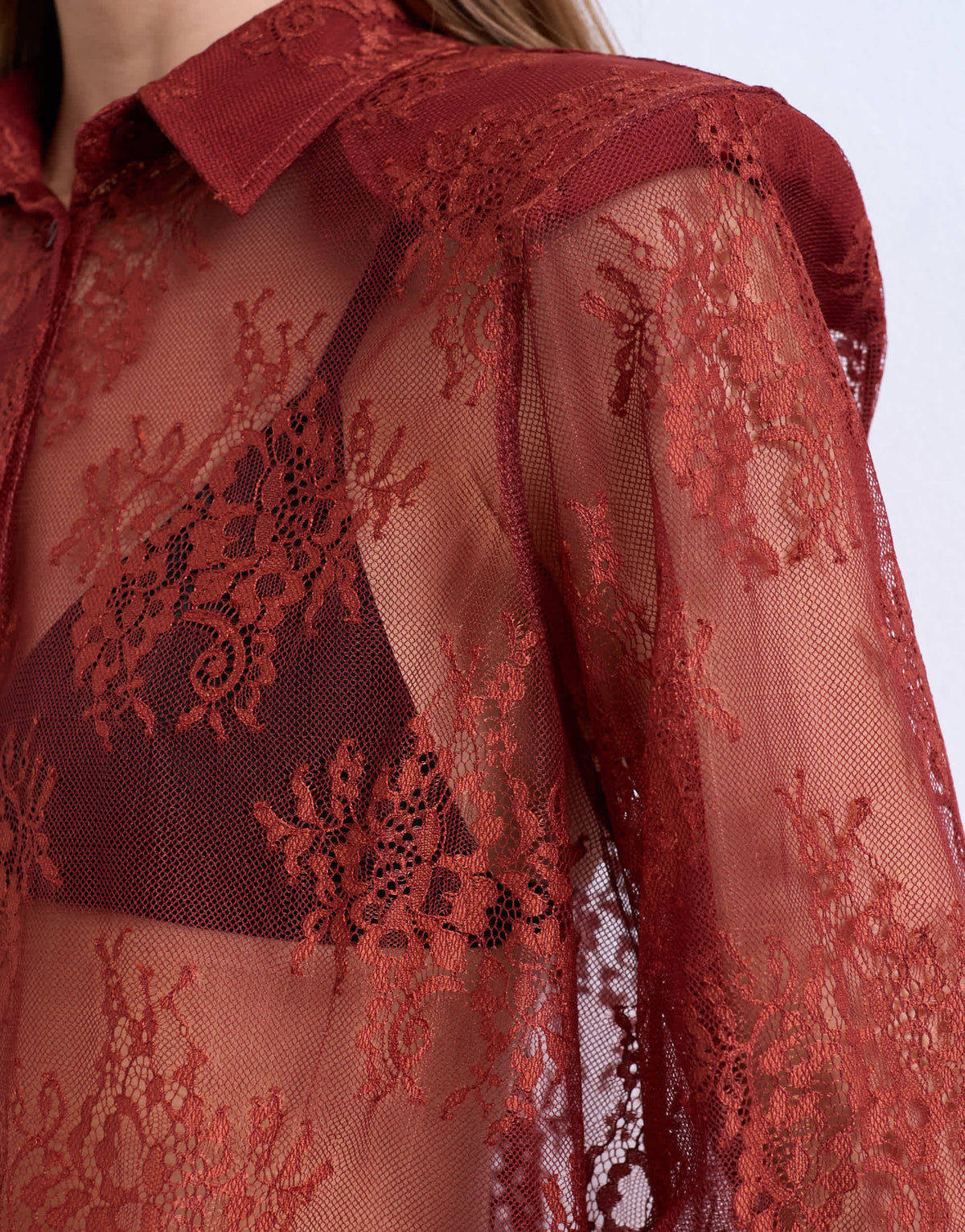 Topshop sheer lace shirt in rust
