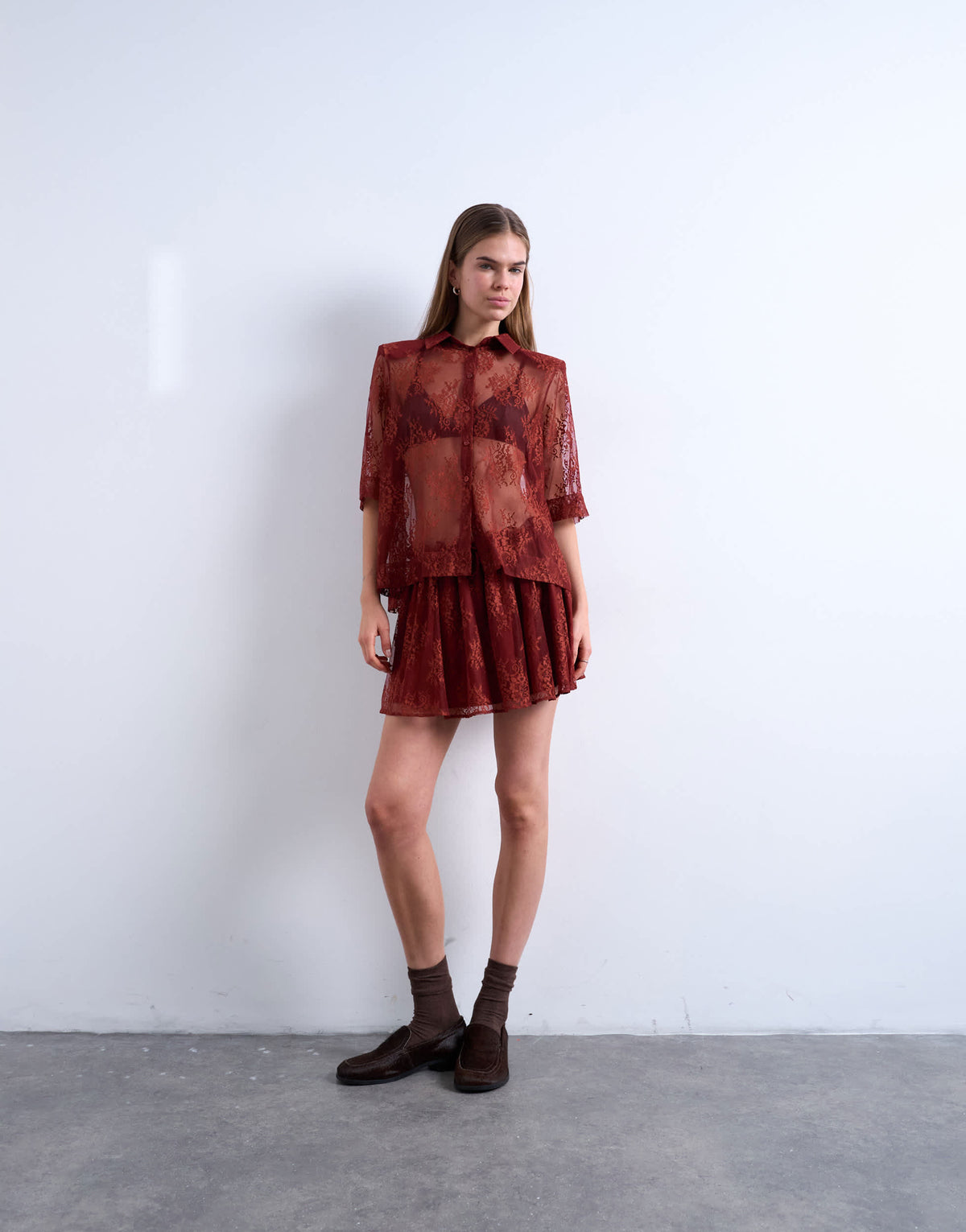 Topshop sheer lace shirt in rust