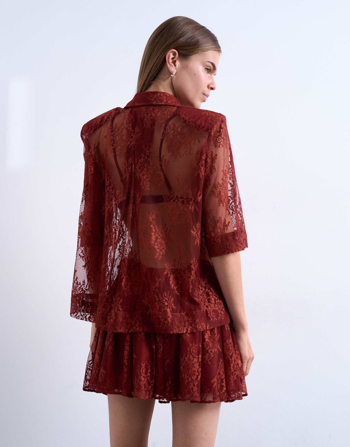 Topshop sheer lace shirt in rust