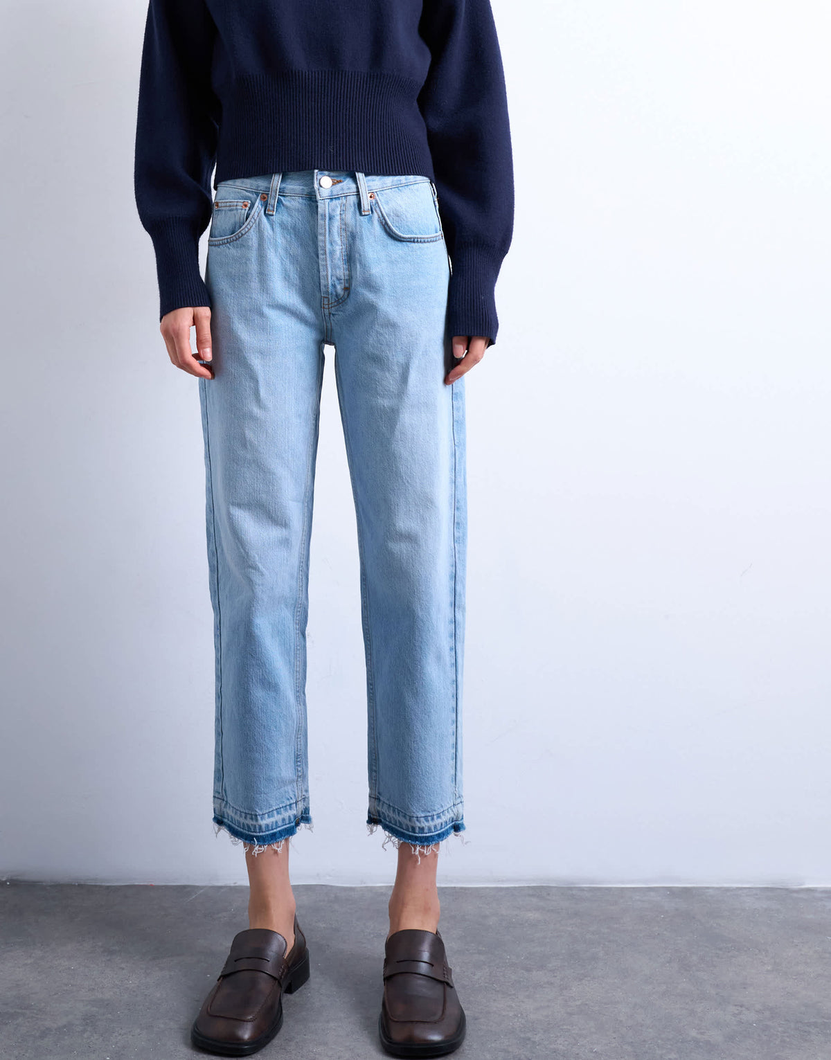 Topshop Runway mid rise straight cropped jean with let down hem detail in bleach