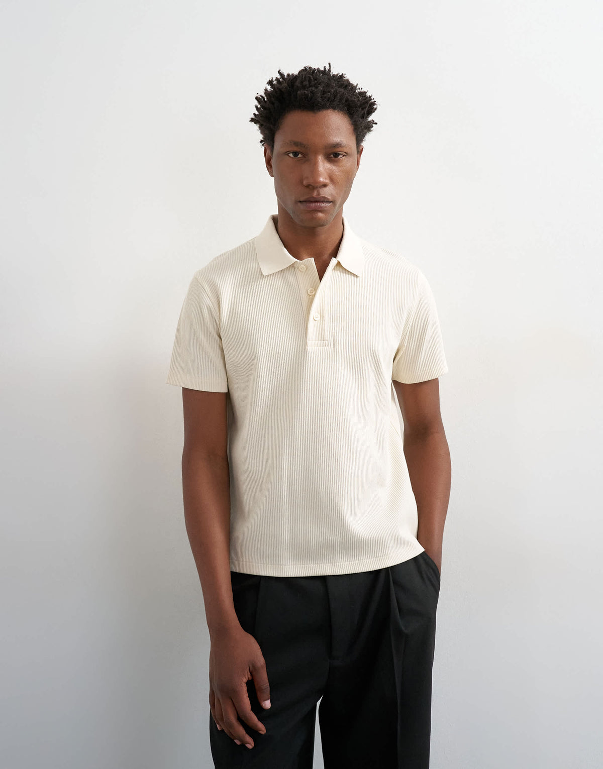 Topman cropped fit ribbed polo shirt in cream