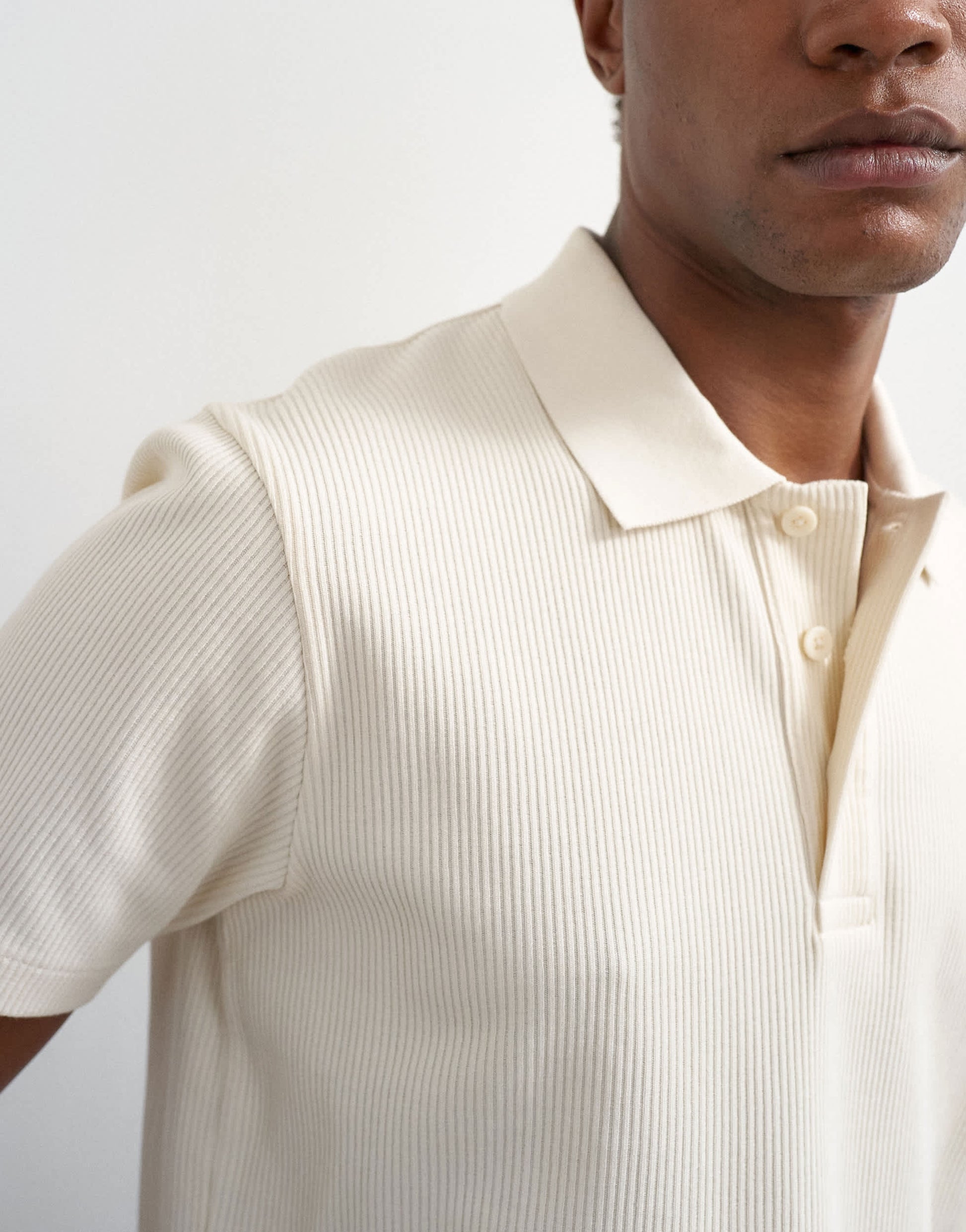 Topman cropped fit ribbed polo shirt in cream