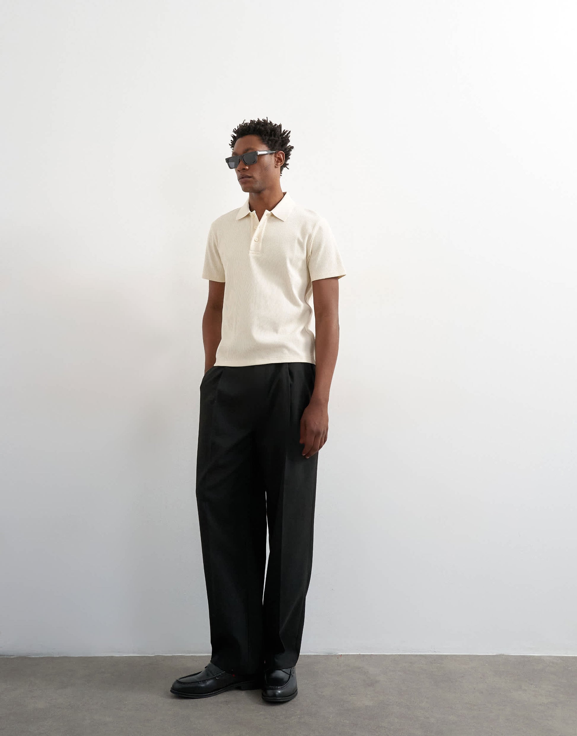 Topman cropped fit ribbed polo shirt in cream