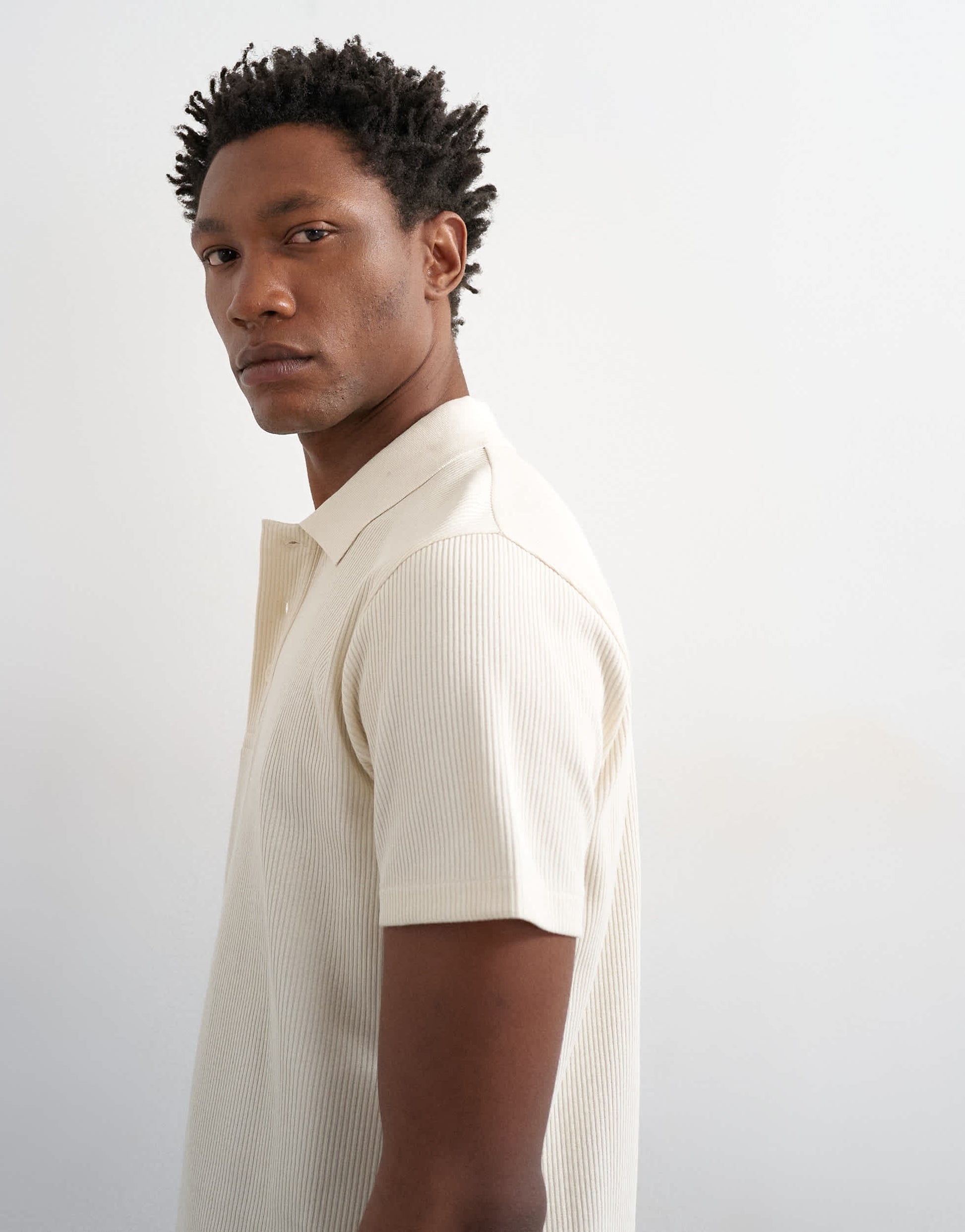 Topman cropped fit ribbed polo shirt in cream