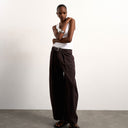 Topshop mid rise oversized belted barrel jean in chocolate
