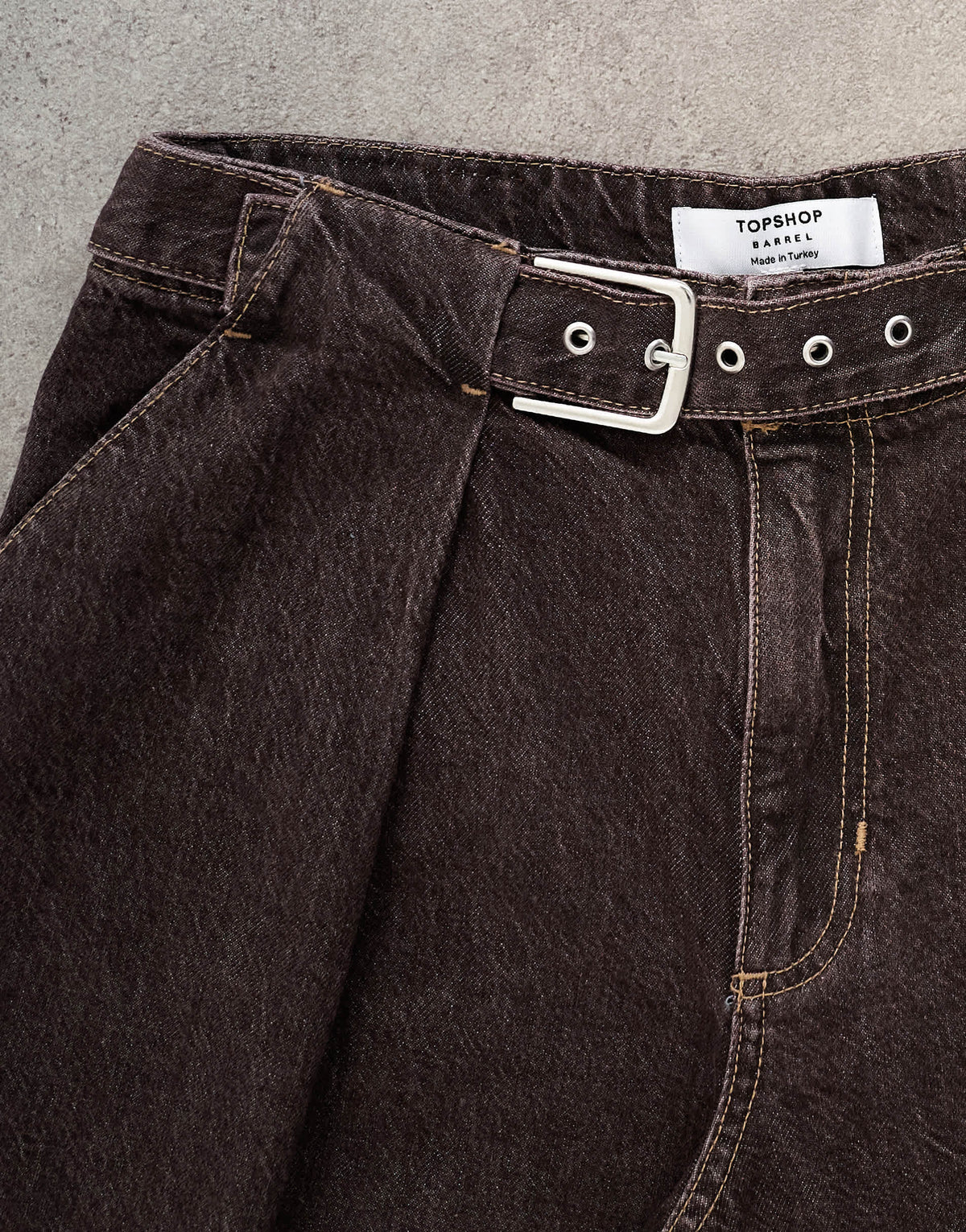 Topshop mid rise oversized belted barrel jean in chocolate