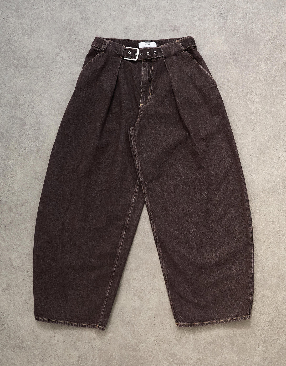 Topshop mid rise oversized belted barrel jean in chocolate