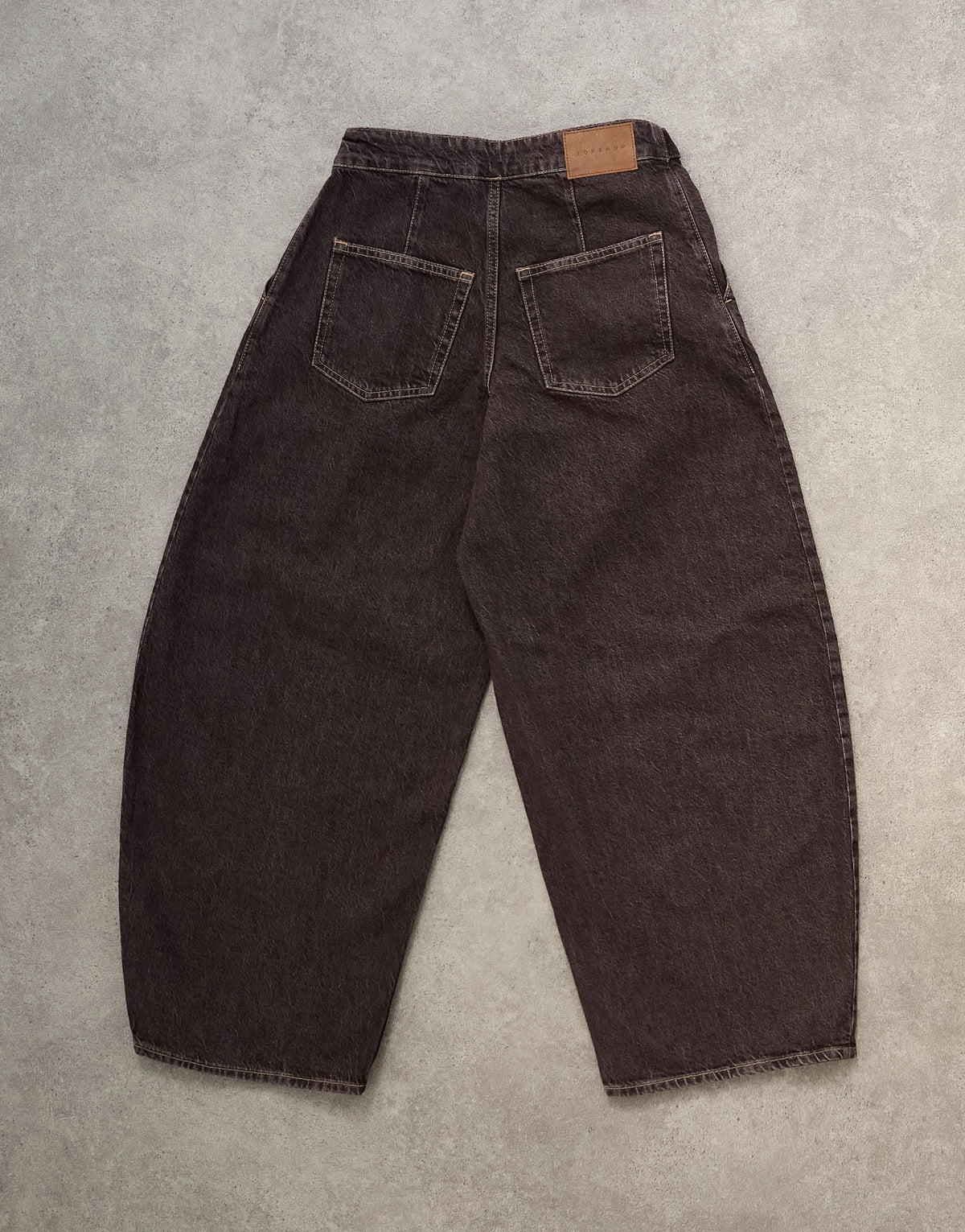 Topshop mid rise oversized belted barrel jean in chocolate