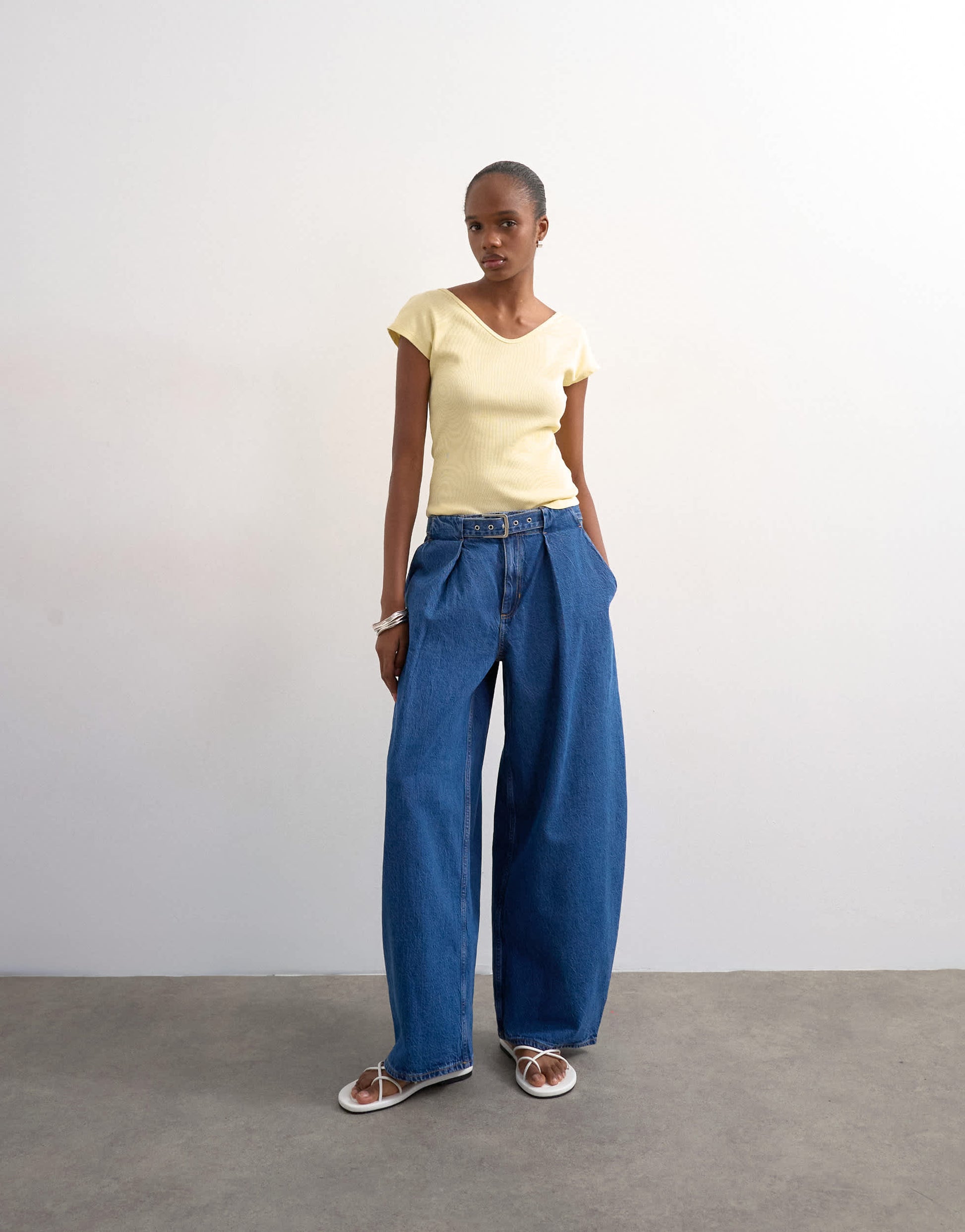 Topshop mid rise oversized belted barrel jean in rich indigo