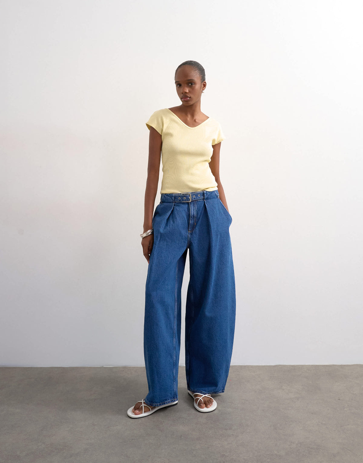 Topshop mid rise oversized belted barrel jean in rich indigo