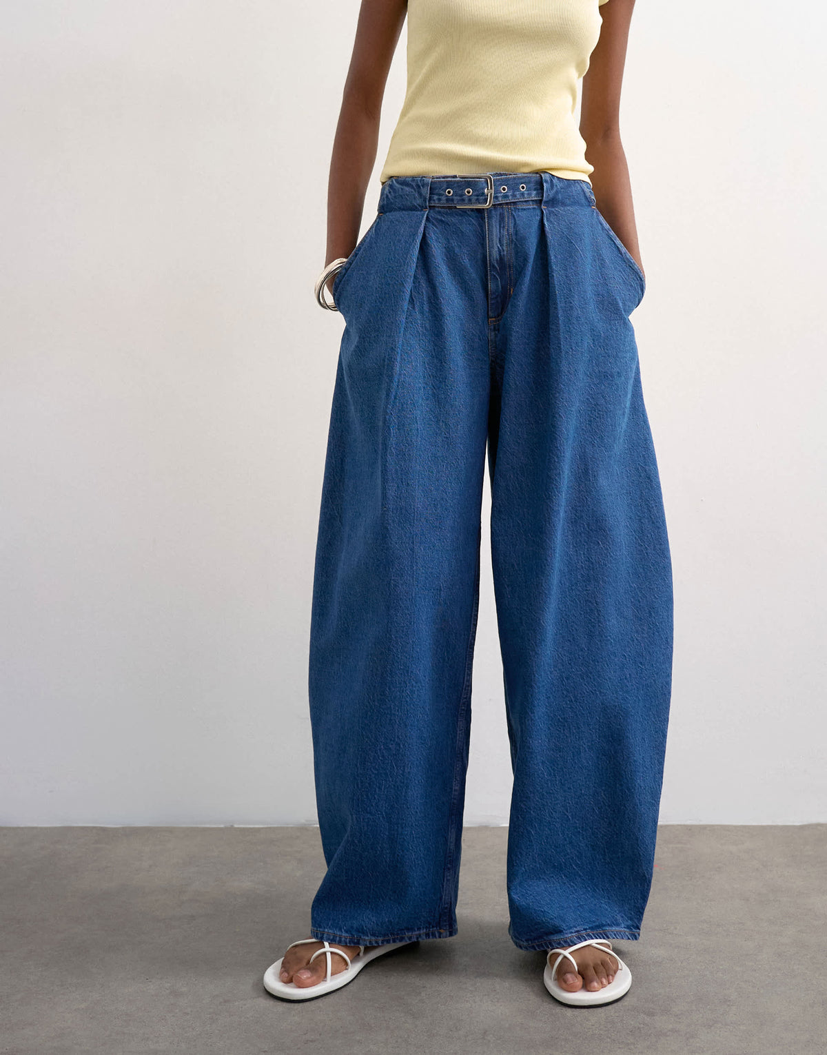 Topshop mid rise oversized belted barrel jean in rich indigo