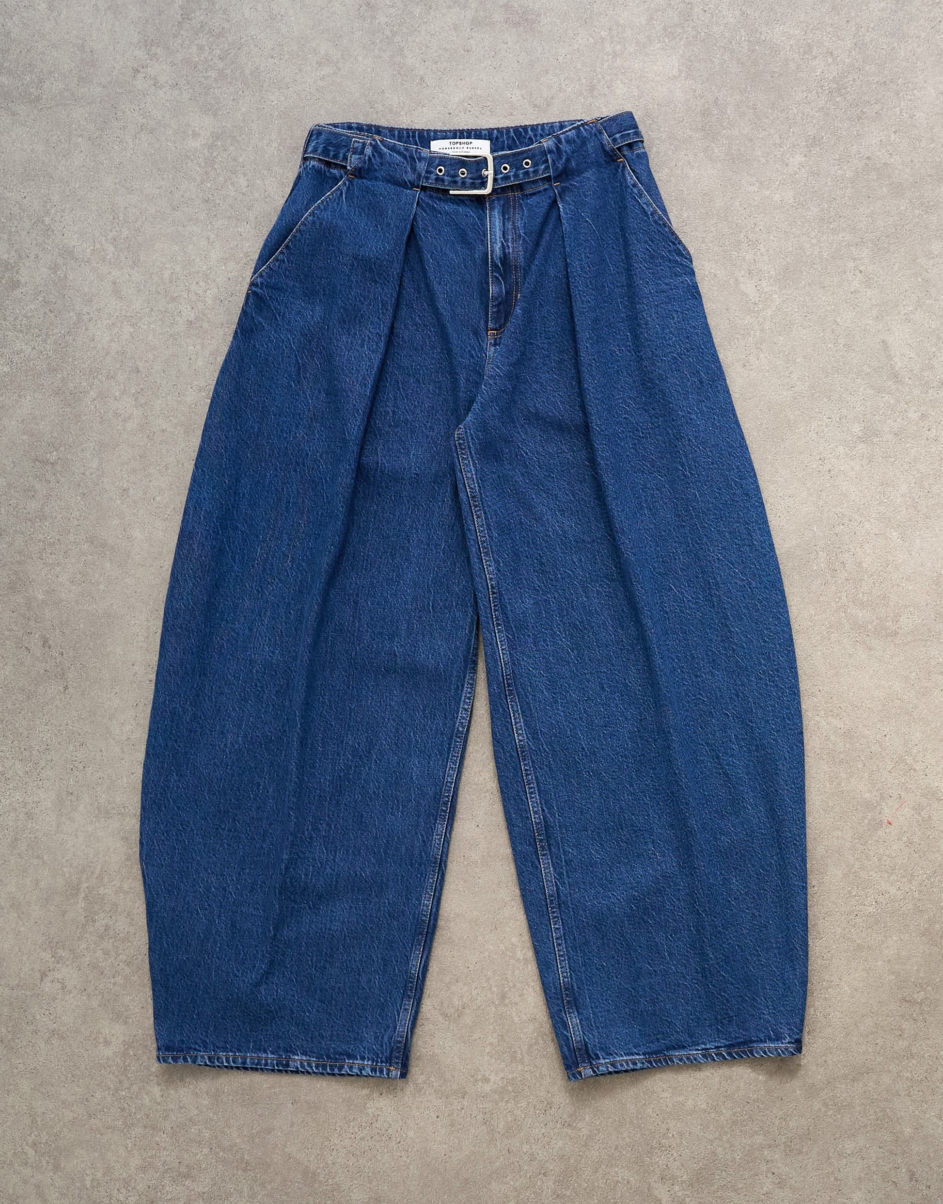 Topshop mid rise oversized belted barrel jean in rich indigo