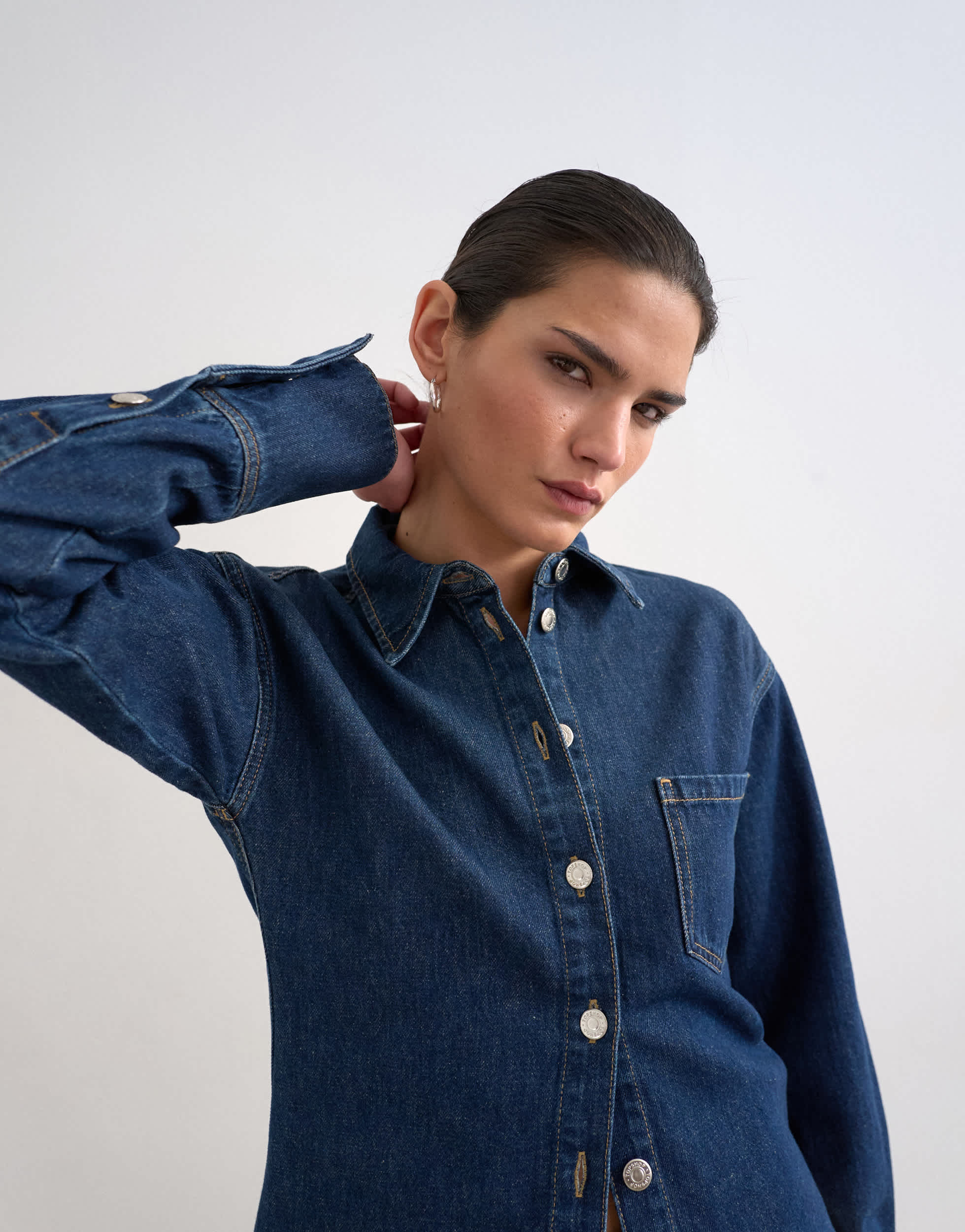 Topshop denim cinch detail shirt in indigo