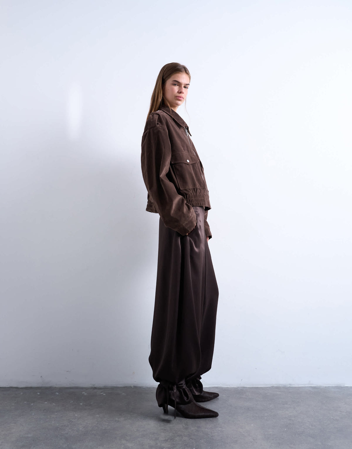 Topshop high waisted satin cuffed balloon pant in brown