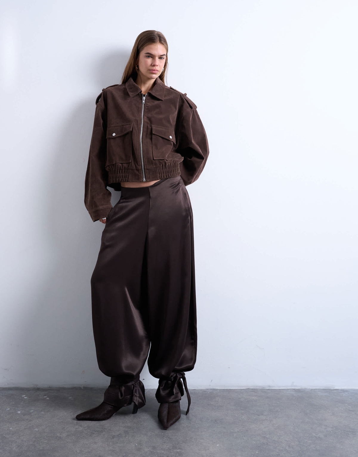 Topshop high waisted satin cuffed balloon pant in brown