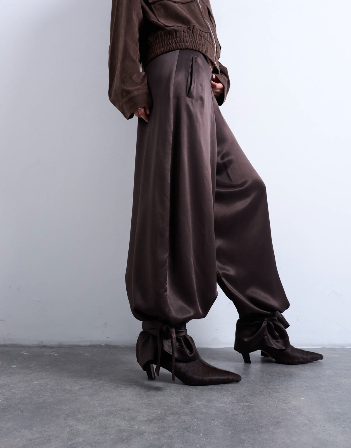 Topshop high waisted satin cuffed balloon pant in brown