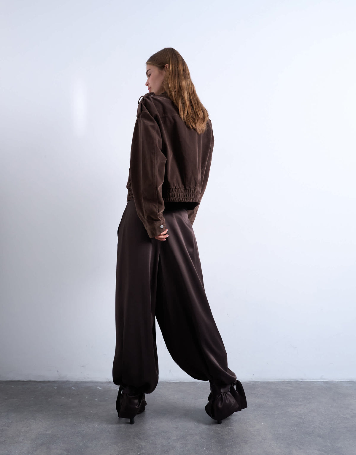 Topshop high waisted satin cuffed balloon pant in brown