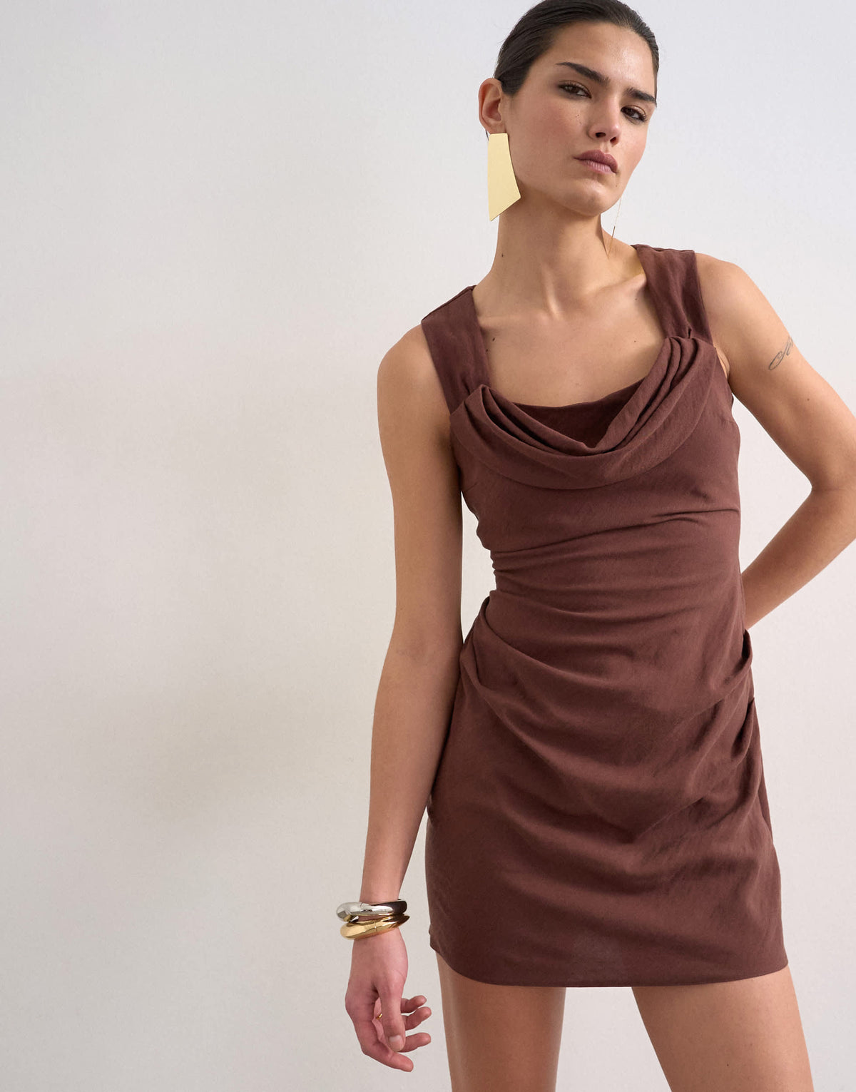 Topshop structured drape mini dress in chocolate