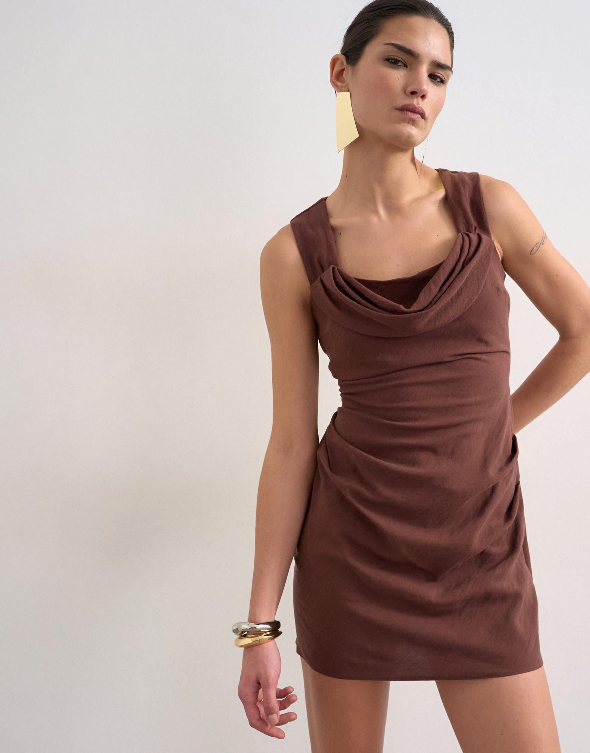 Topshop structured drape mini dress in chocolate
