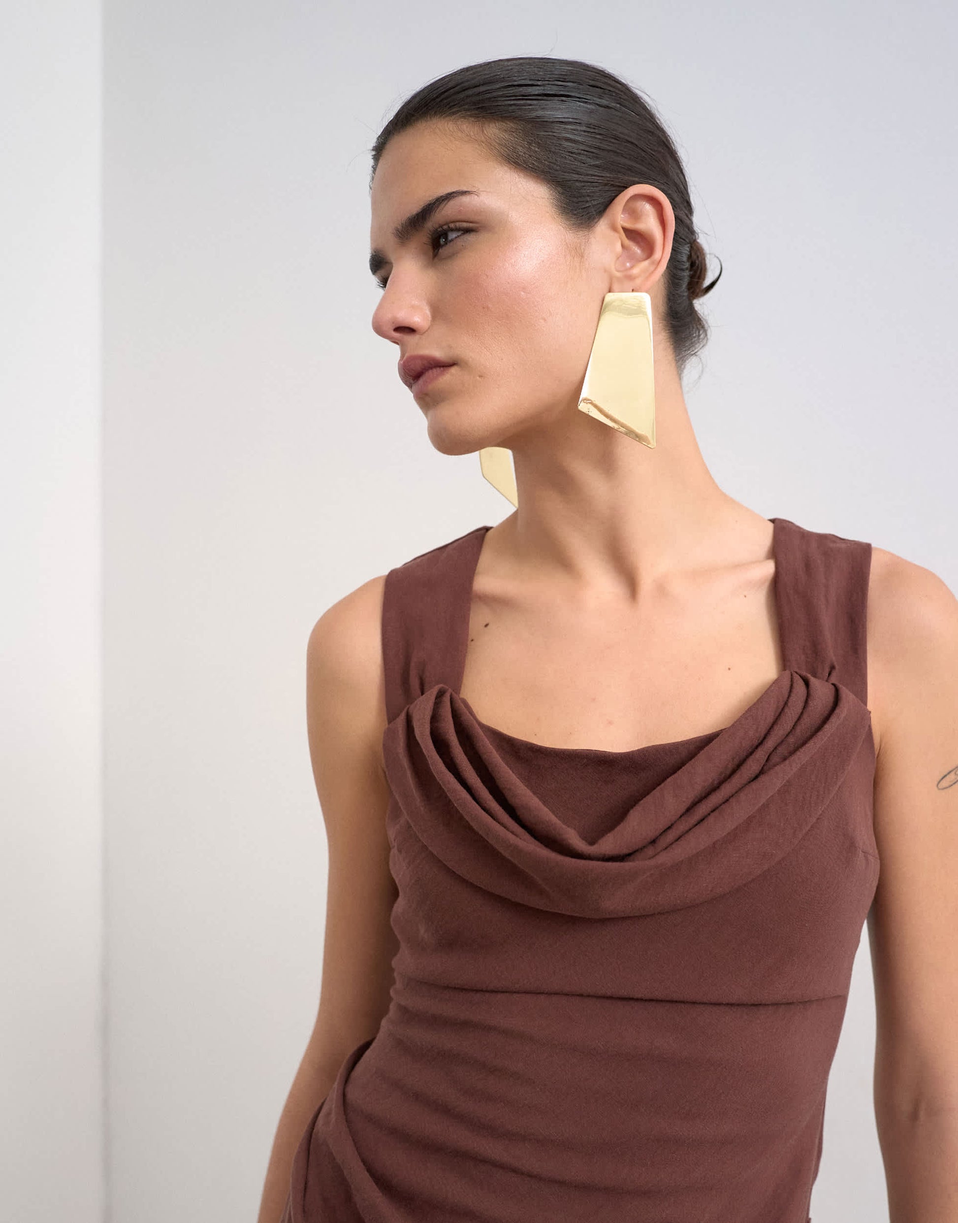 Topshop structured drape mini dress in chocolate