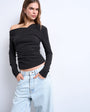 Topshop soft touch ruched off shoulder top in dark chocolate