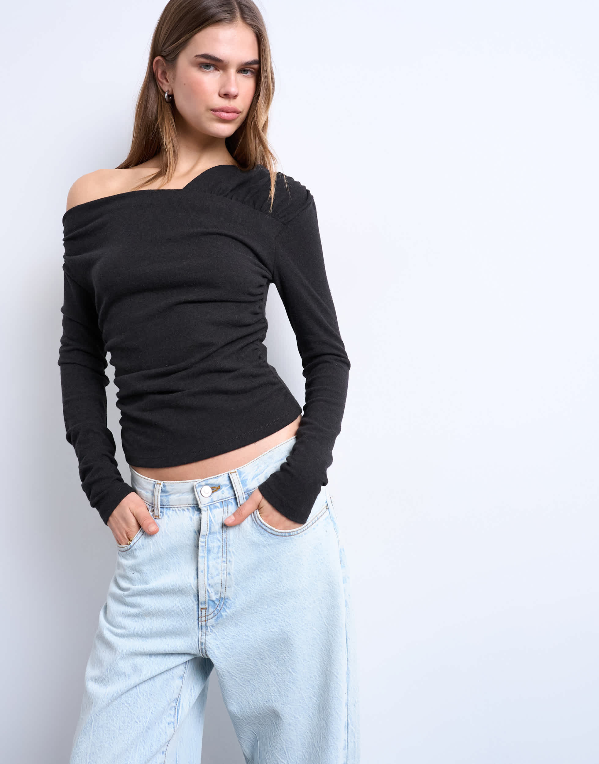 Topshop soft touch ruched off shoulder top in dark chocolate