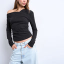 Topshop soft touch ruched off shoulder top in dark chocolate