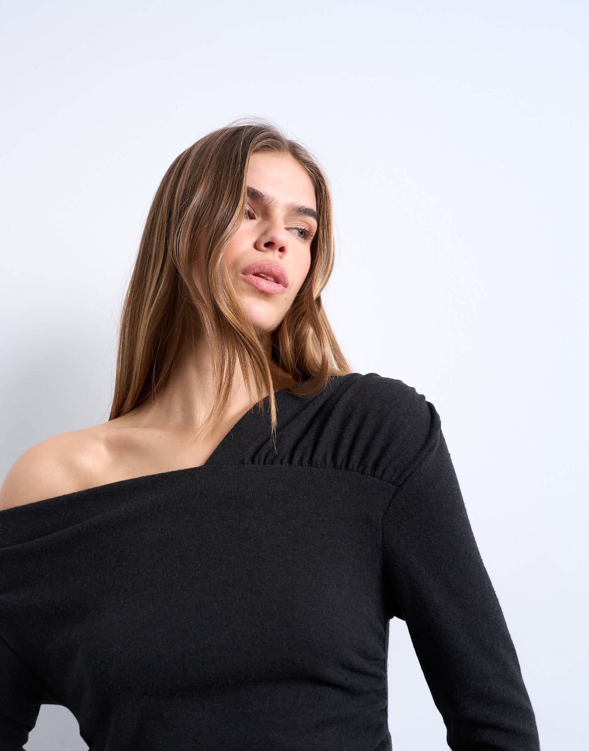 Topshop soft touch ruched off shoulder top in dark chocolate