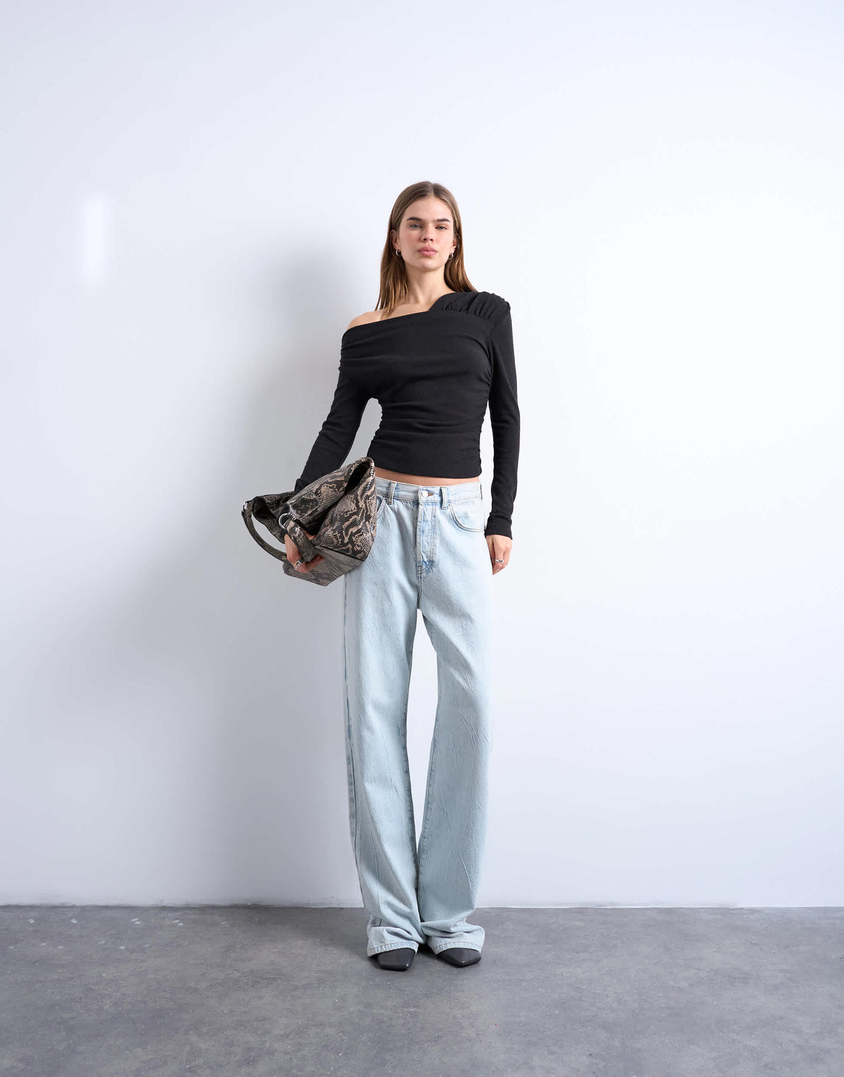 Topshop soft touch ruched off shoulder top in dark chocolate