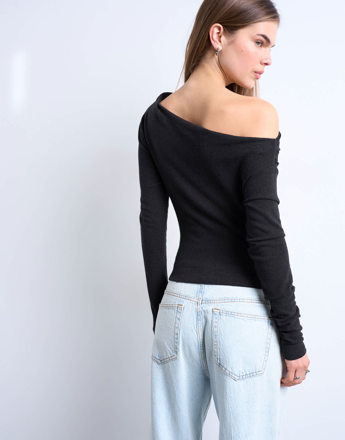 Topshop soft touch ruched off shoulder top in dark chocolate