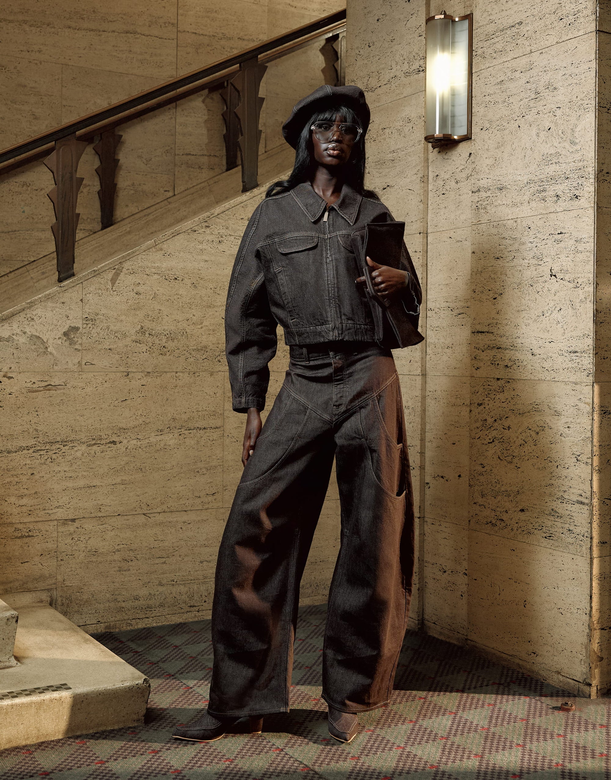 Tolu Coker x Topshop barrel denim jacket circular design in brown rinse