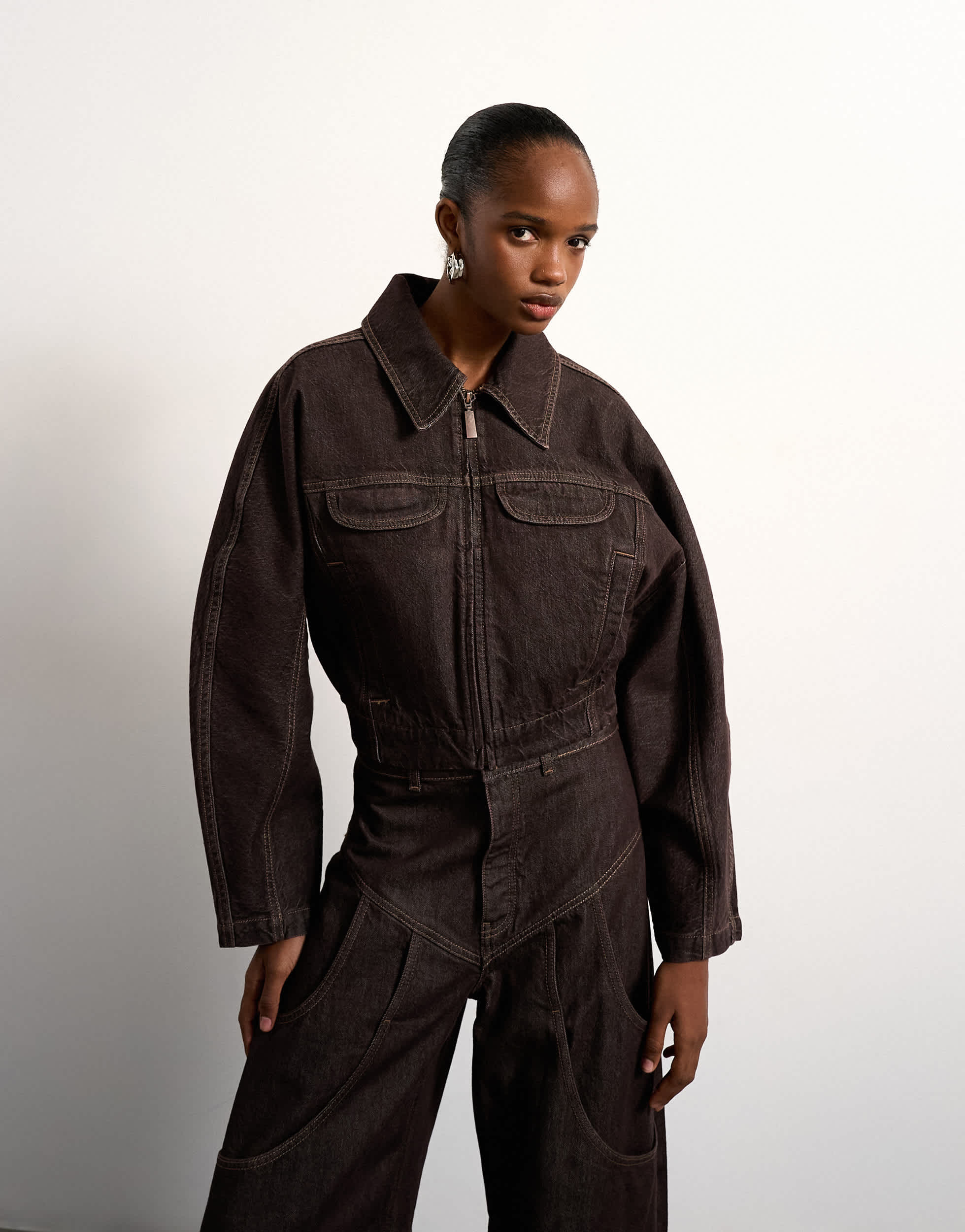 Tolu Coker x Topshop barrel denim jacket circular design in brown rinse