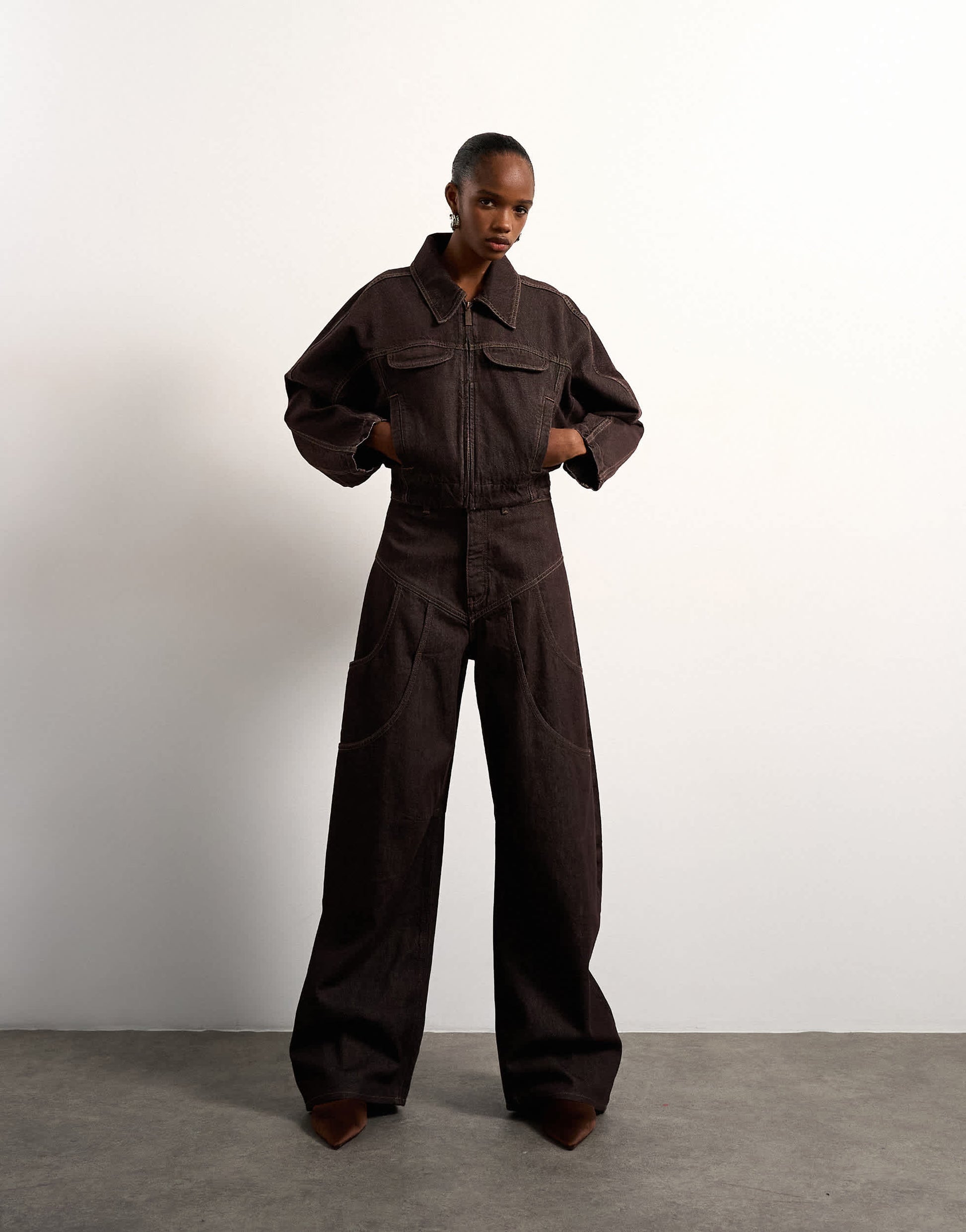 Tolu Coker x Topshop barrel denim jacket circular design in brown rinse